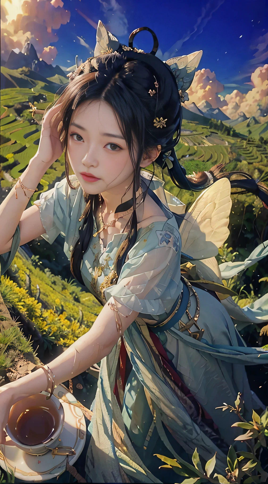 (From above) tea picking girl, big clouds, blue sky, rice fields, fairy air fluttering, in the tea tree field, leaking back