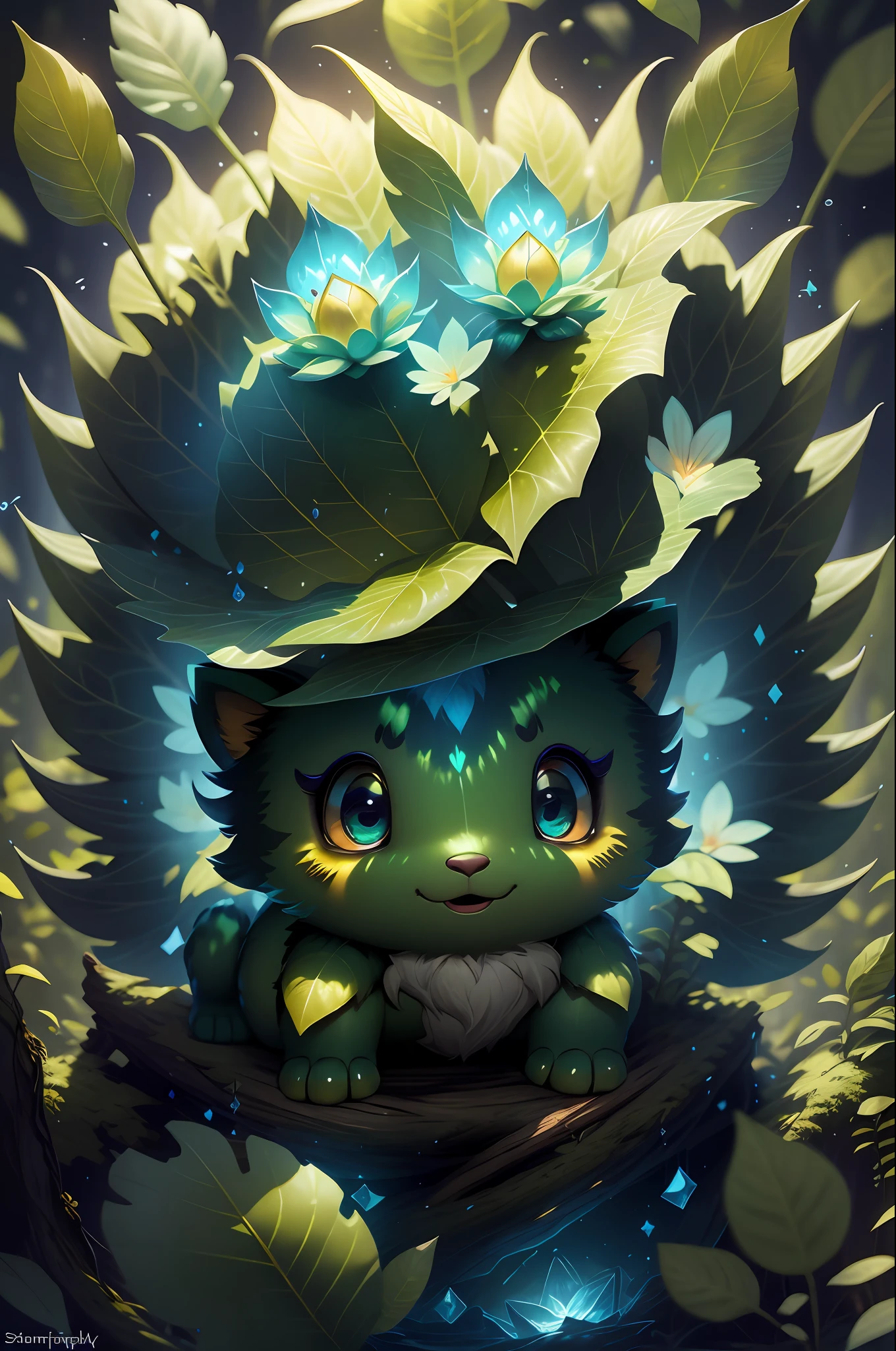 grainy, extremely detailed, intricate detail, dynamic lighting,photorealistic, filmg , natural lighting, m0nst3rfy3, tiger cub, red glowing eyes, :P, (fluffy:1.2), glowing stripes, dark forest,