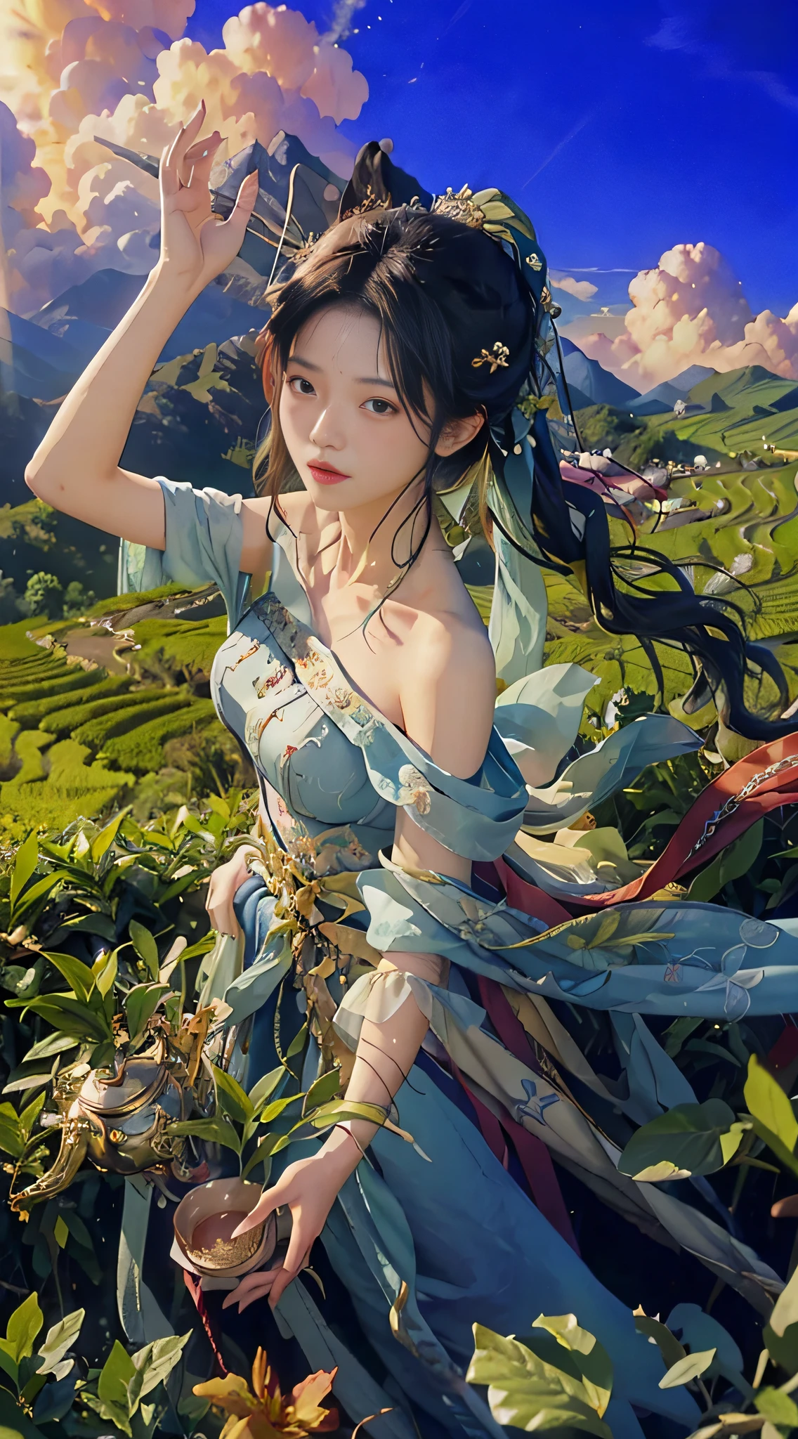 (From above) tea picking woman, big clouds, blue sky, rice fields, fairy air fluttering, in the tea tree field, bare shoulders
