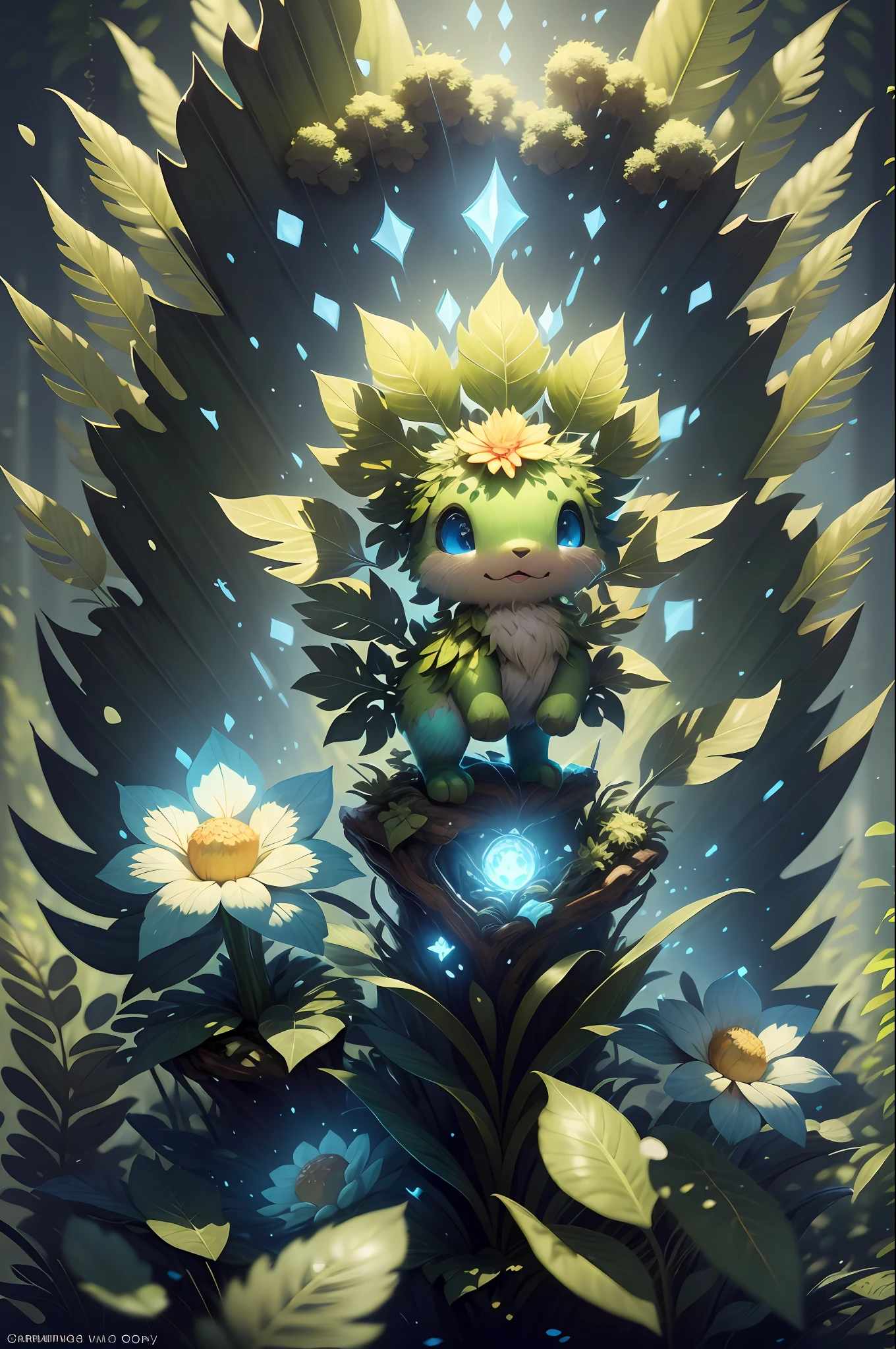 grainy, extremely detailed, intricate detail, dynamic lighting,photorealistic, filmg , natural lighting,   m0nst3rfy3, white lion cub, red glowing eyes, :P, (fluffy:1.2), glowing flowers, dark forest,