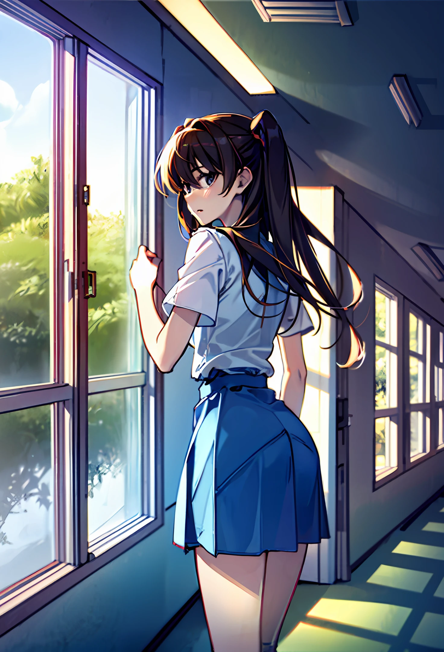 Erikani Ikuta in uniform Miniskirt School hallway Looking out the window