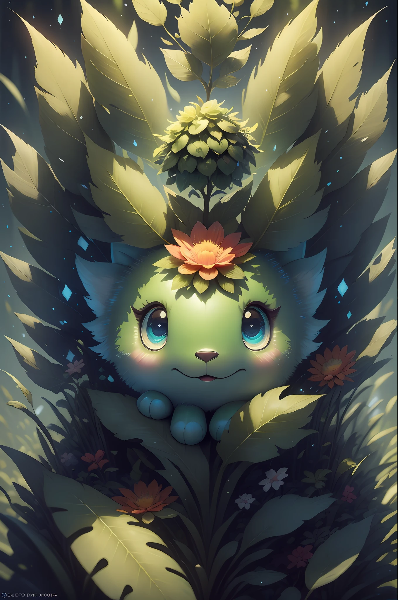 grainy, extremely detailed, intricate detail, dynamic lighting,photorealistic, filmg , natural lighting, m0nst3rfy3, white lion cub, red glowing eyes, :P, (fluffy:1.2), glowing flowers, dark forest,