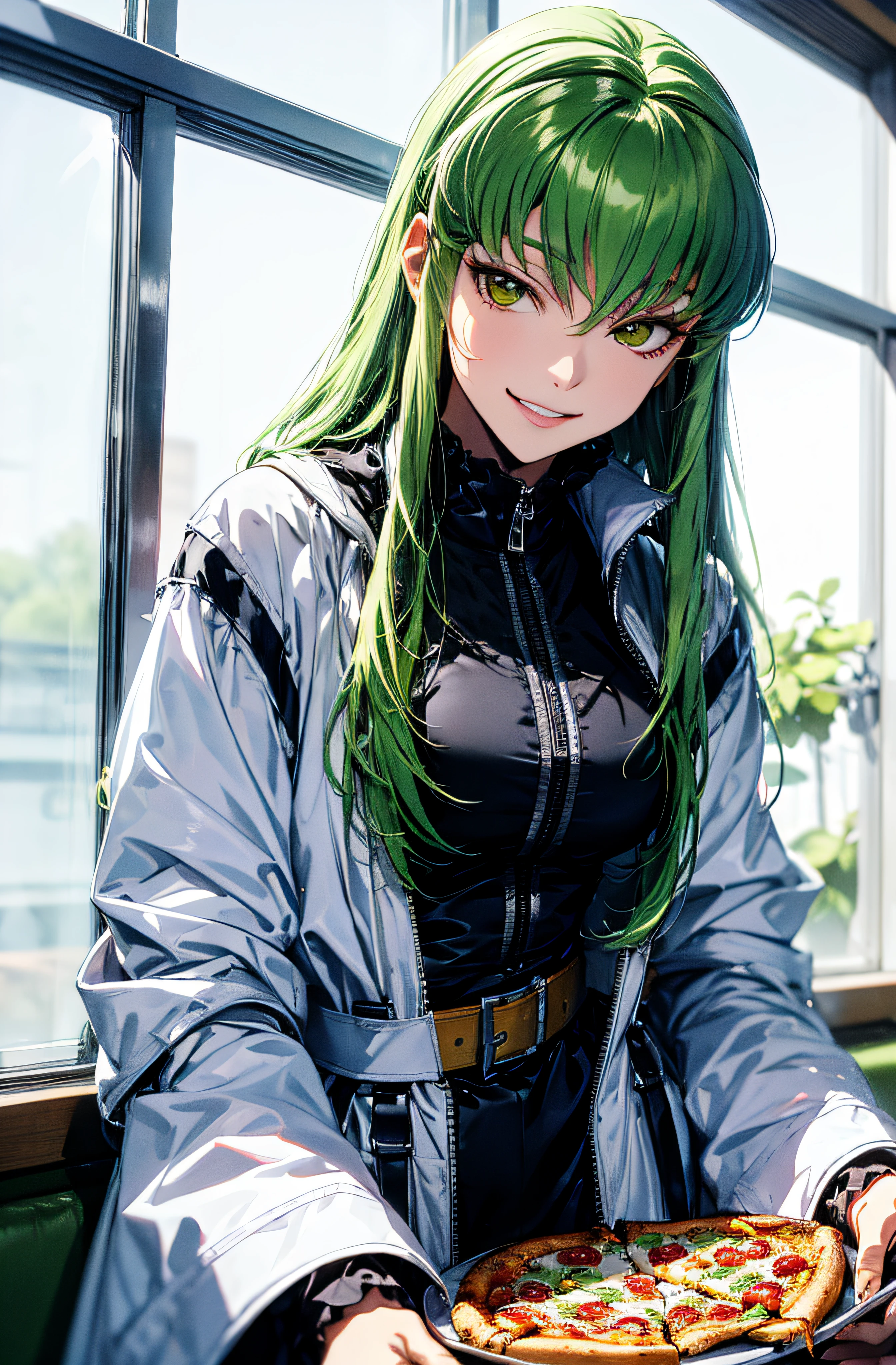 absurdres, (best quality), (masterpiece),(ultra-detailed:1.2),(photorealistic:1.1),ultra high res,
1girl,(smirk:1.1),
eating,pizza,eating pizza,drooping,melting pizza,melting cheese,
c.c.,(white Straitjacket:1.4) ,green hair,long sleeves,black belt,