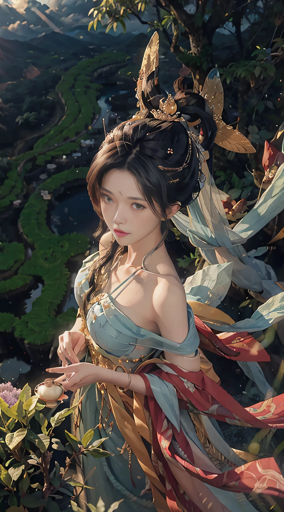 (From above) tea picking woman, big clouds, blue sky, rice fields, fairy air fluttering, in the tea tree field, bare shoulders