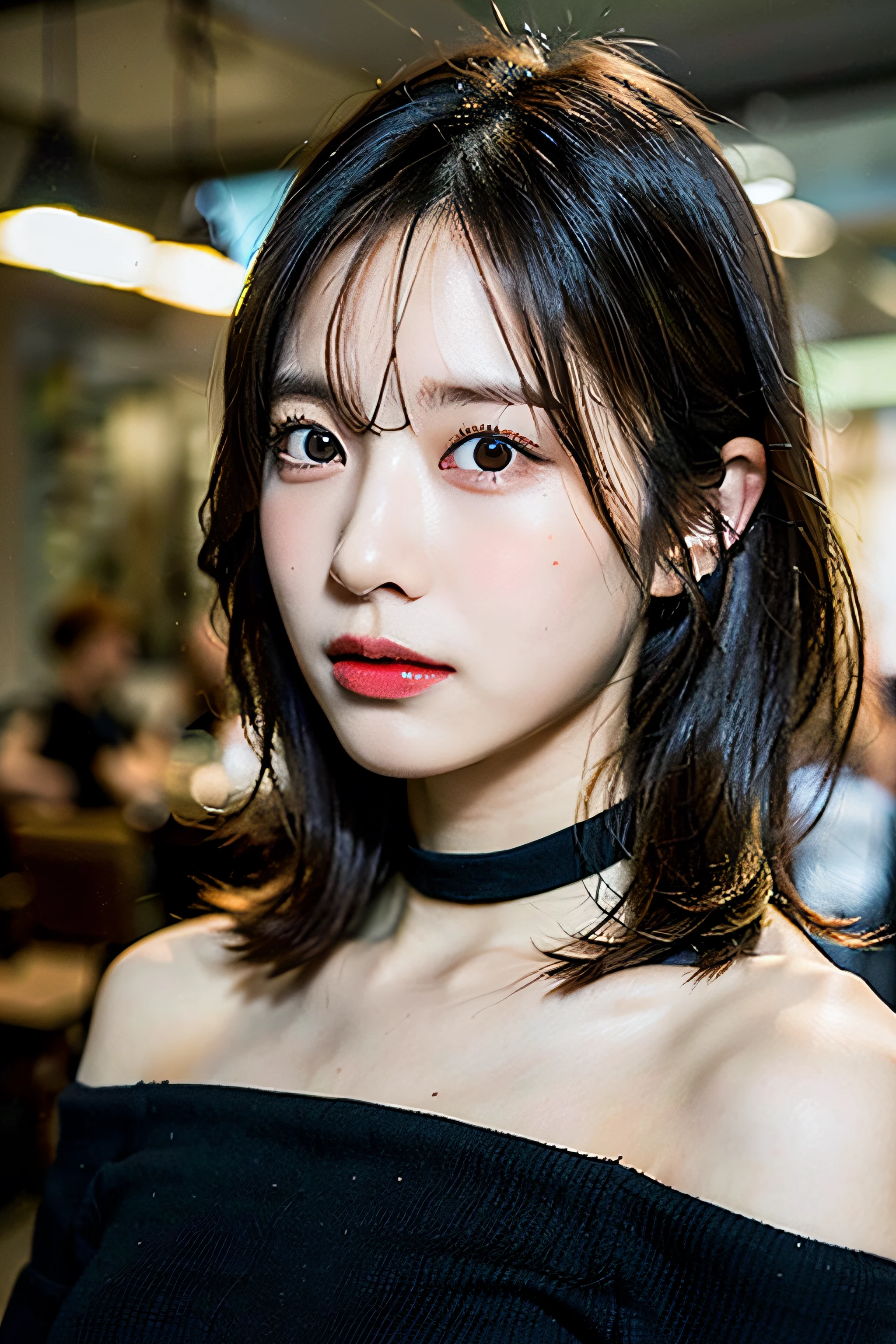 best quality, ultra high res, (((Very detailed face)))), ((Very detailed eyes and face)))), Beautiful detail eyes, (photorealistic:1.4), 1girl, off-shoulder white shirt, black tight skirt, black choker, (faded ash gray hair:1), (huge breasts:1.2), looking at viewer, closeup ,