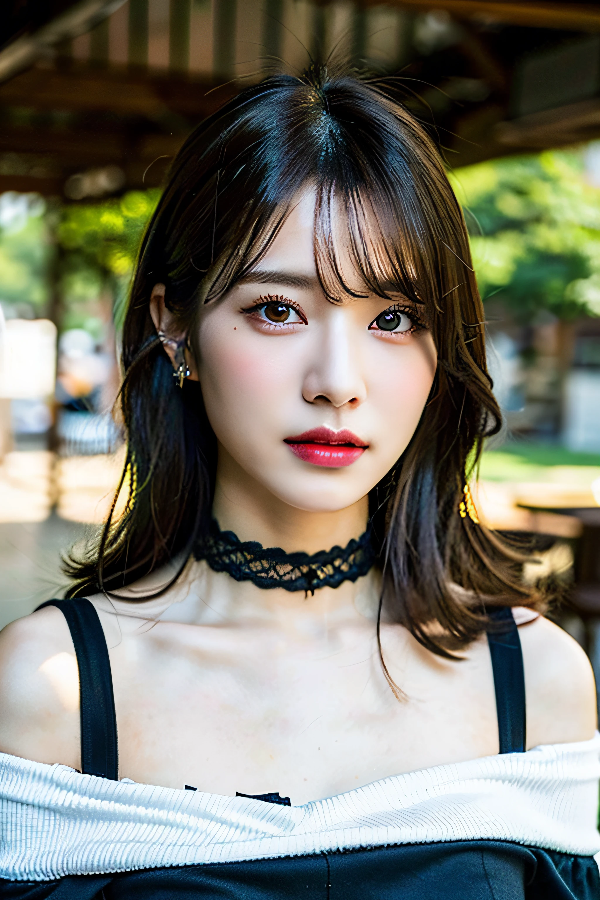 best quality, ultra high res, (((Very detailed face)))), ((Very detailed eyes and face)))), Beautiful detail eyes, (photorealistic:1.4), 1girl, off-shoulder white shirt, black tight skirt, black choker, (faded ash gray hair:1), (huge breasts:1.2), looking at viewer, closeup ,