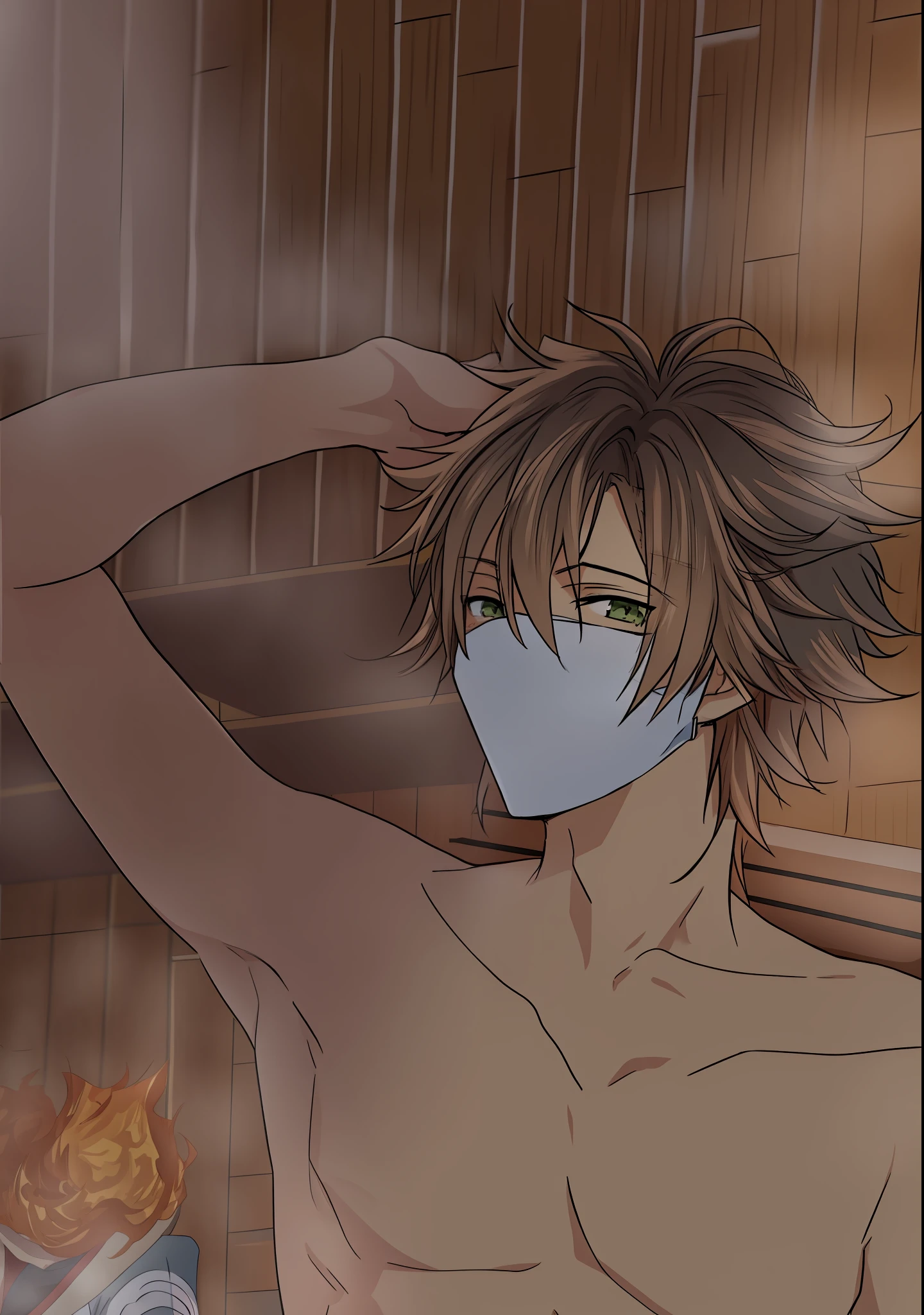 anime boy with green eyes and a shirtless body in a sauna, detailed blurry hair, inspired by Okumura Masanobu, inspired by Hiro Yamagata, hajime yatate, dishonest evil male, with brown skin, smooth white mask, neferpitou, okita sougo, semi realistic anime