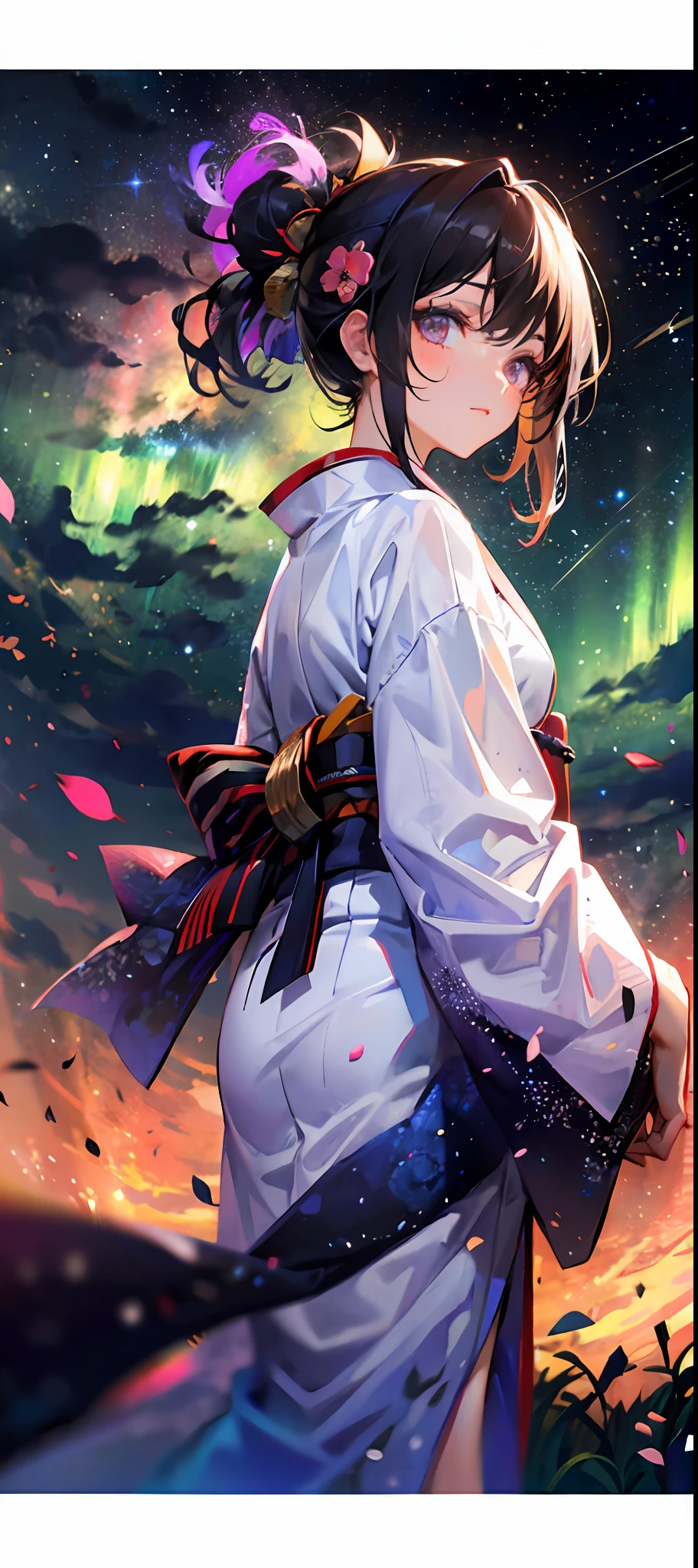 1girl, a distant girl in a kimono gazing at the stars, (Zoom out: 1.1), (Meteor shower: 1.2), (Comet: 1.1), Your Name, Low Angle, From Behind, Northern Lights, Shooting Star, Yukata, Red Kimono, Cherry Blossoms, Standing in the Field, Best Quality, Masterpiece, Clouds, Colorful, Starry, Stars, Starry Sky