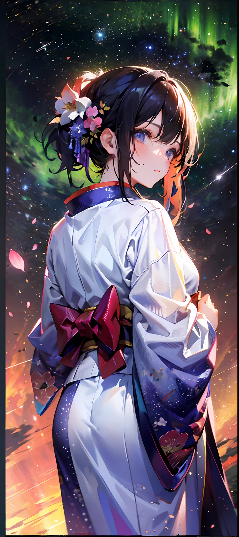 1girl, a distant girl in a kimono gazing at the stars, (Zoom out: 1.1), (Meteor shower: 1.2), (Comet: 1.1), Your Name, Low Angle, From Behind, Northern Lights, Shooting Star, Yukata, Red Kimono, Cherry Blossoms, Standing in the Field, Best Quality, Masterpiece, Clouds, Colorful, Starry, Stars, Starry Sky