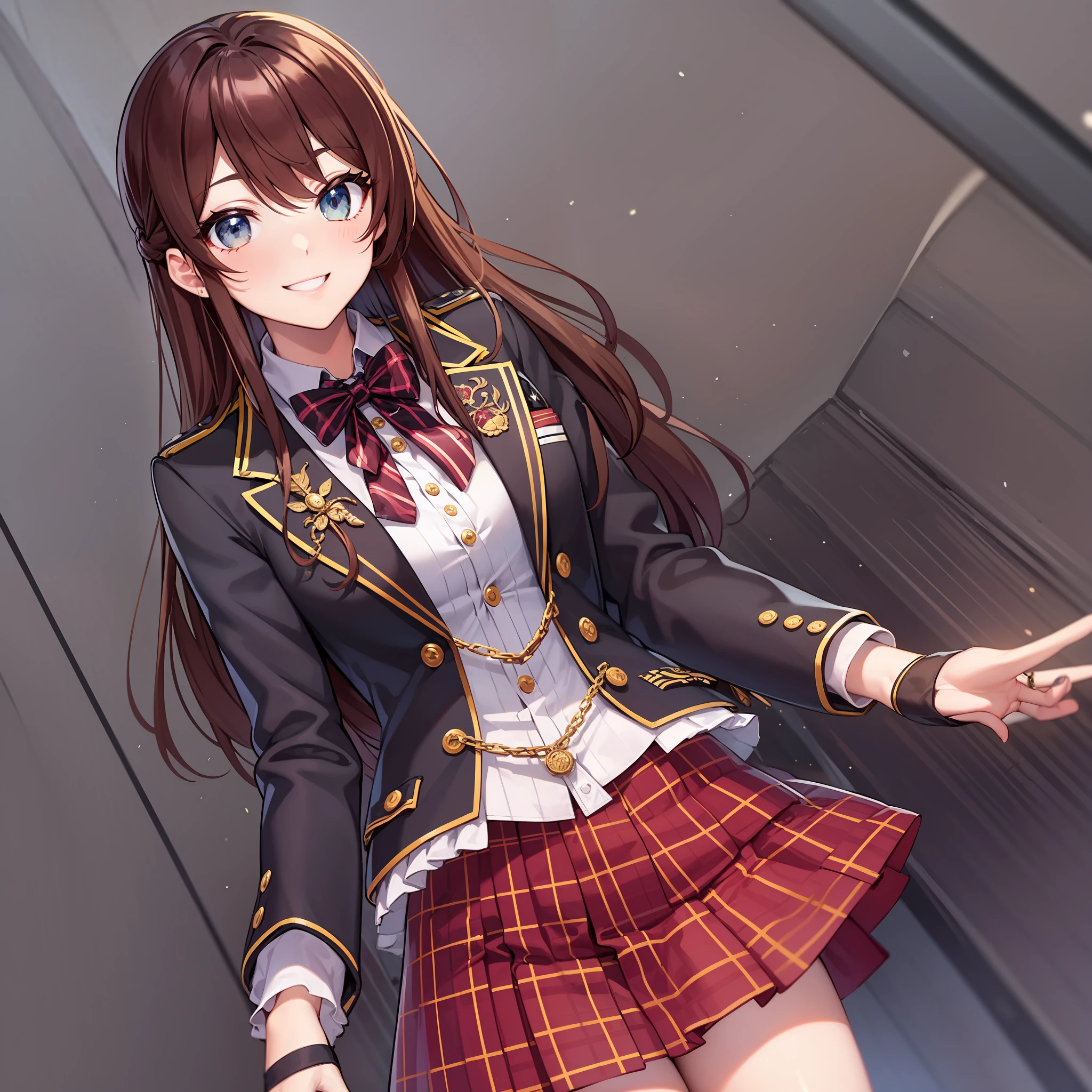 Blazer uniform, standing, 1 girl, 8k, white shirt, black jacket, High Quality, look at the viewer, smiling, Brown hair, Red skirt