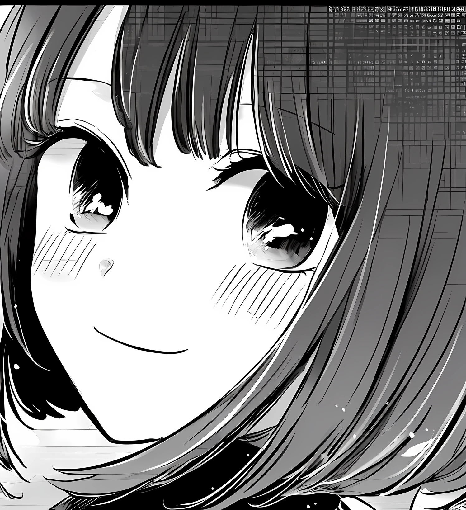 Anime girl with black hair and black eyes looking at something, black and white manga panel, black and white manga style, beautiful anime face, cute anime face, black and white manga page, manga style, detailed manga style, slightly happy facial expression, close-up of Iwakura lying, big eyes and menacing smile, detailed anime soft face? , more beautiful