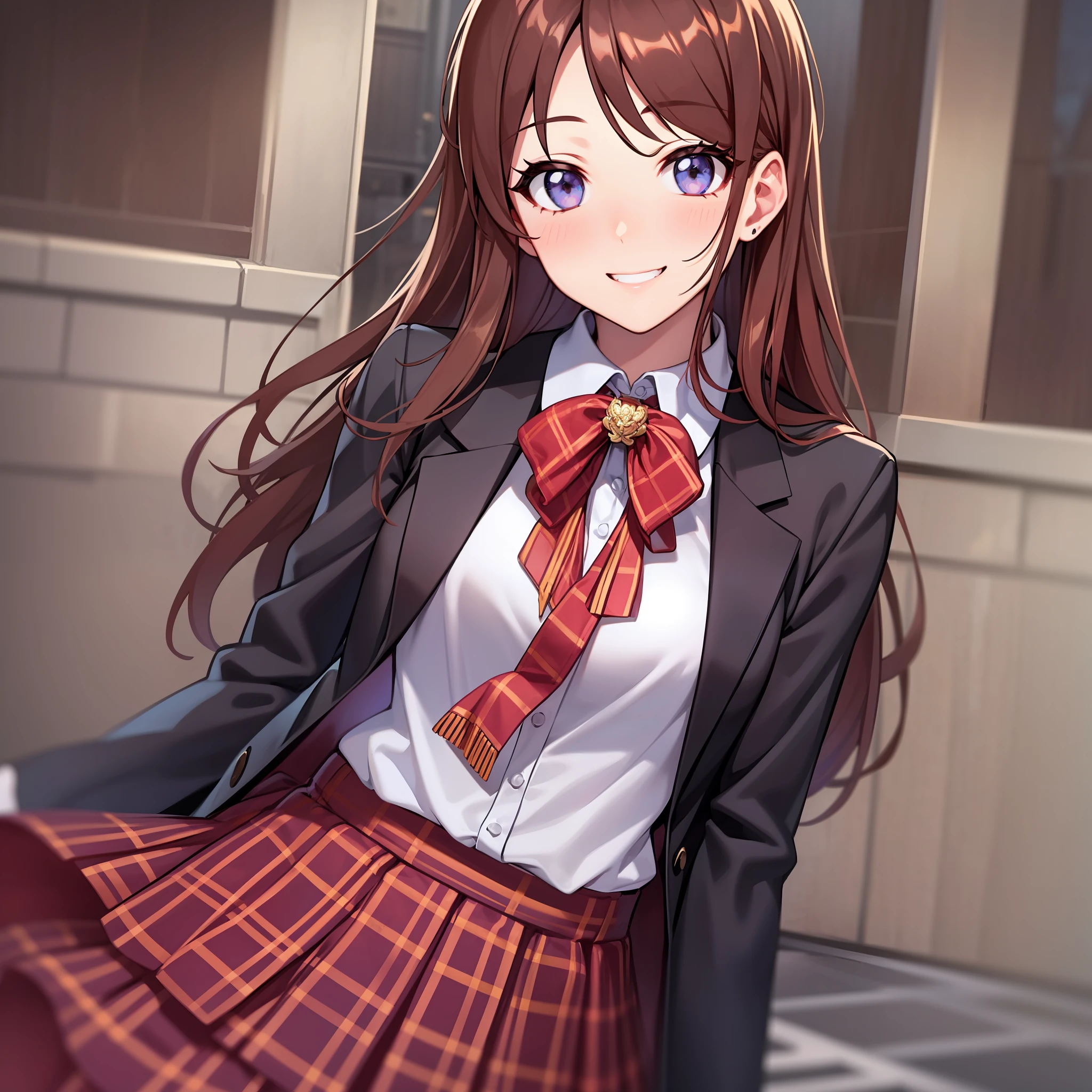 Blazer uniform, standing, 1 girl, 8k, white shirt, black jacket, High Quality, look at the viewer, smiling, Brown hair, Red skirt