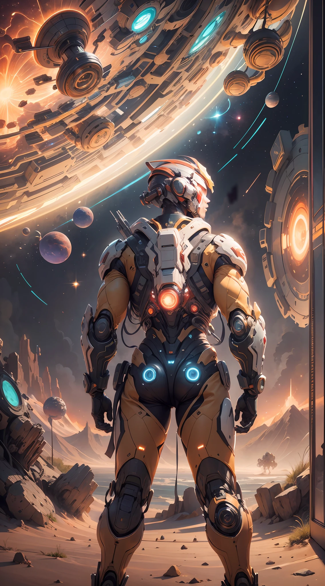 ((Masterpiece)), (Best Quality)), 8K, high detail, hyper-detail, the painting depicts a scene of breathtaking magnificent spatial images. The picture shows a man wearing a mecha, facing back, looking at a red glowing planet in space. The scenes are extremely detailed and the clarity is extraordinary, capturing every intricate detail of the panorama.