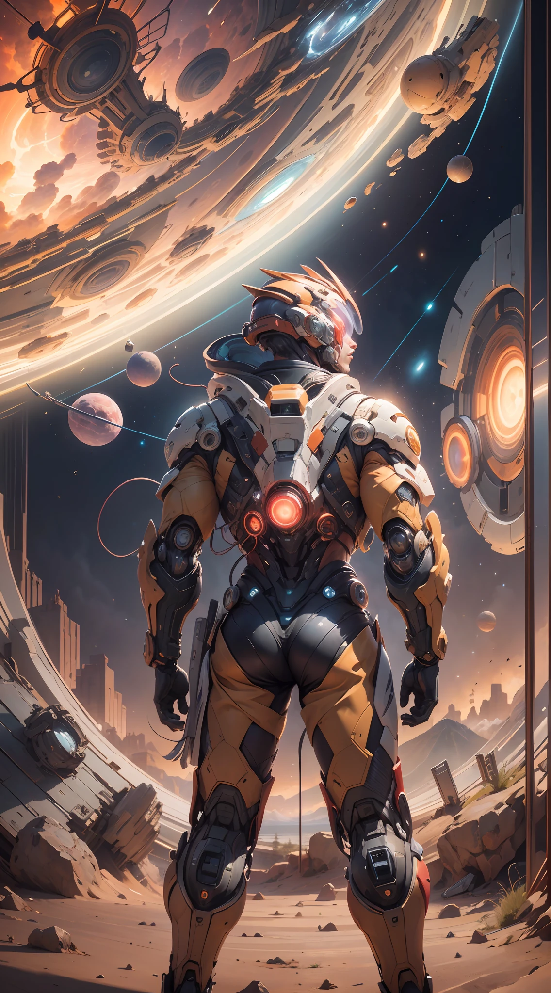 ((Masterpiece)), (Best Quality)), 8K, high detail, hyper-detail, the painting depicts a scene of breathtaking magnificent spatial images. The picture shows a man wearing a mecha, facing back, looking at a red glowing planet in space. The scenes are extremely detailed and the clarity is extraordinary, capturing every intricate detail of the panorama.
