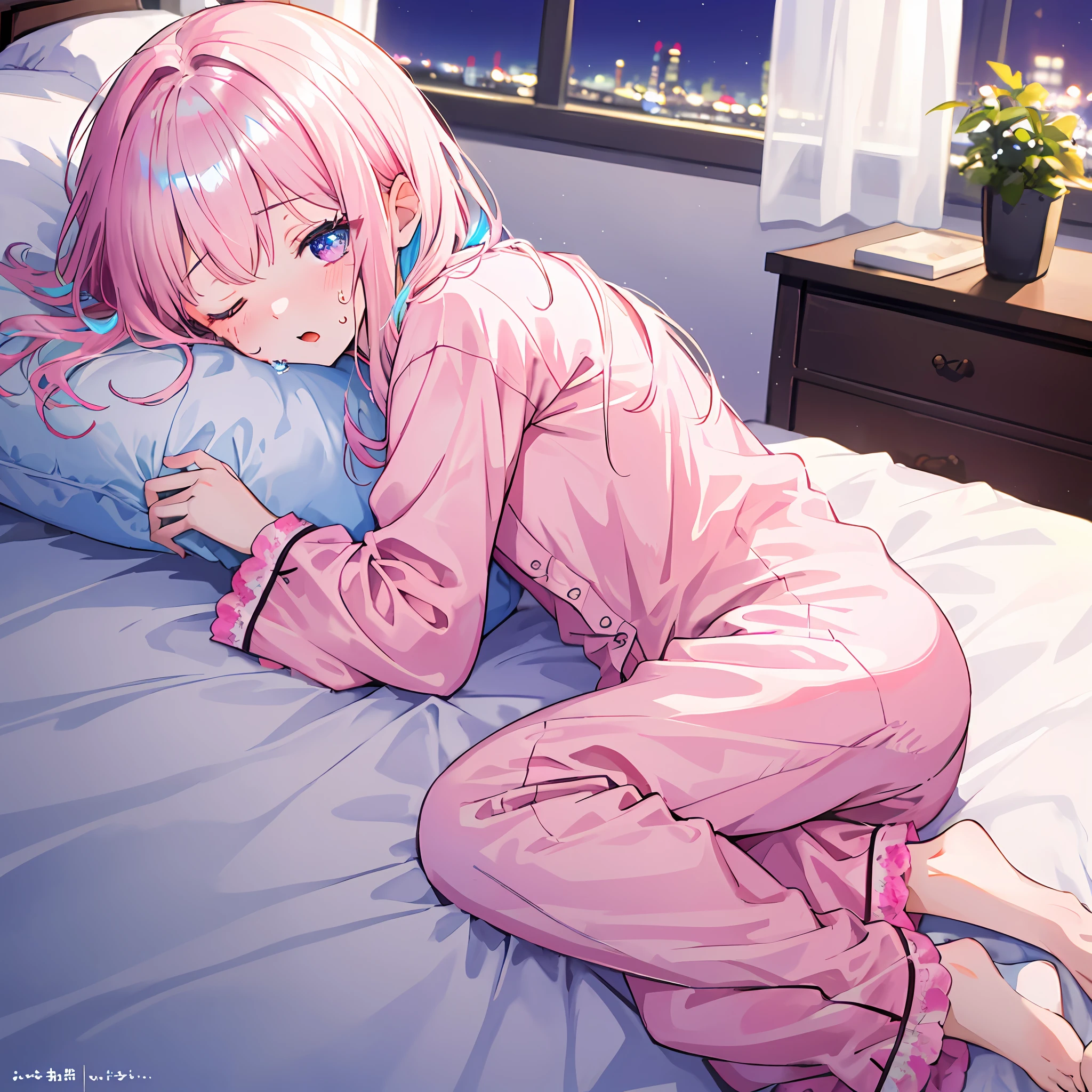 Top quality, masterpiece, high resolution, highly detailed, 8k, one girl, cute, anime, crystal clear white skin, sensual, full body, middle school student, ************, (hair color is shiny light pink), cute summer pajamas, sleeping like dead on a beautiful cute bed, eyes unfocused, midnight, frightened, sweating, scared