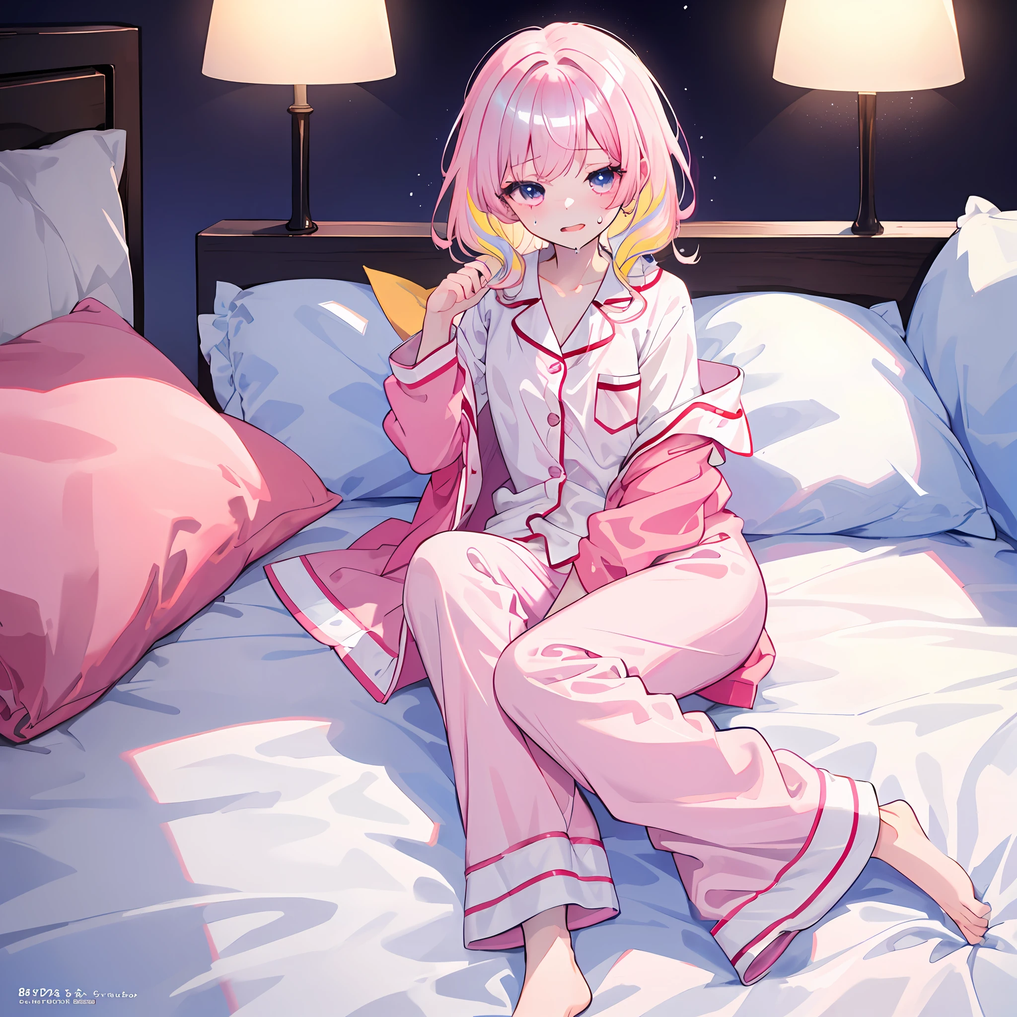 Top quality, masterpiece, high resolution, highly detailed, 8k, one girl, cute, anime, crystal clear white skin, sensual, full body, middle school student, 14 years old, (hair color is shiny light pink), cute summer pajamas, sleeping like dead on a beautiful cute bed, eyes unfocused, midnight, frightened, sweating, scared