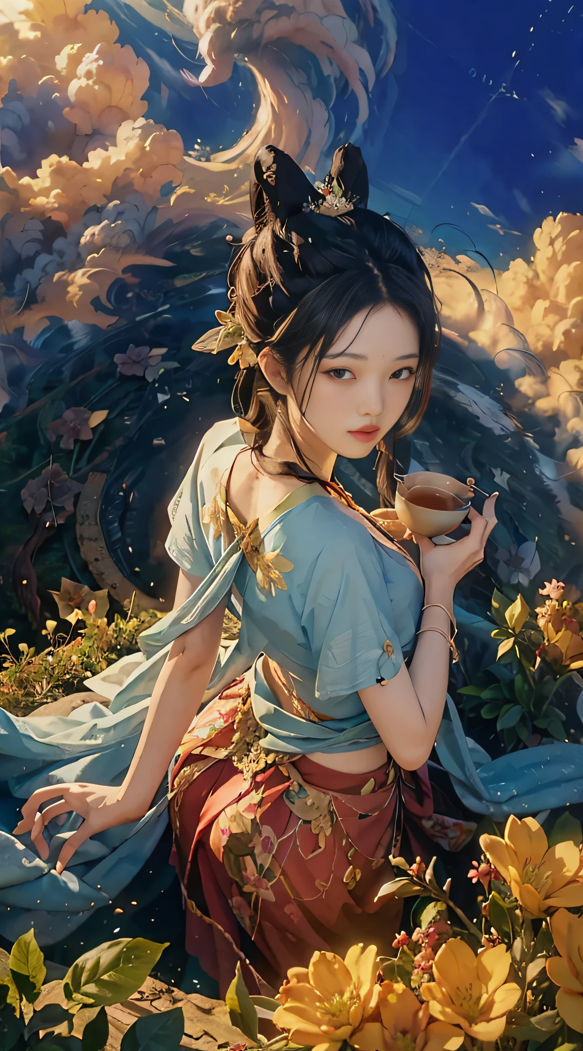 (from above), (tea picker), big clouds, blue sky, rice fields, buttocks: 1.2, fairy fluttering,