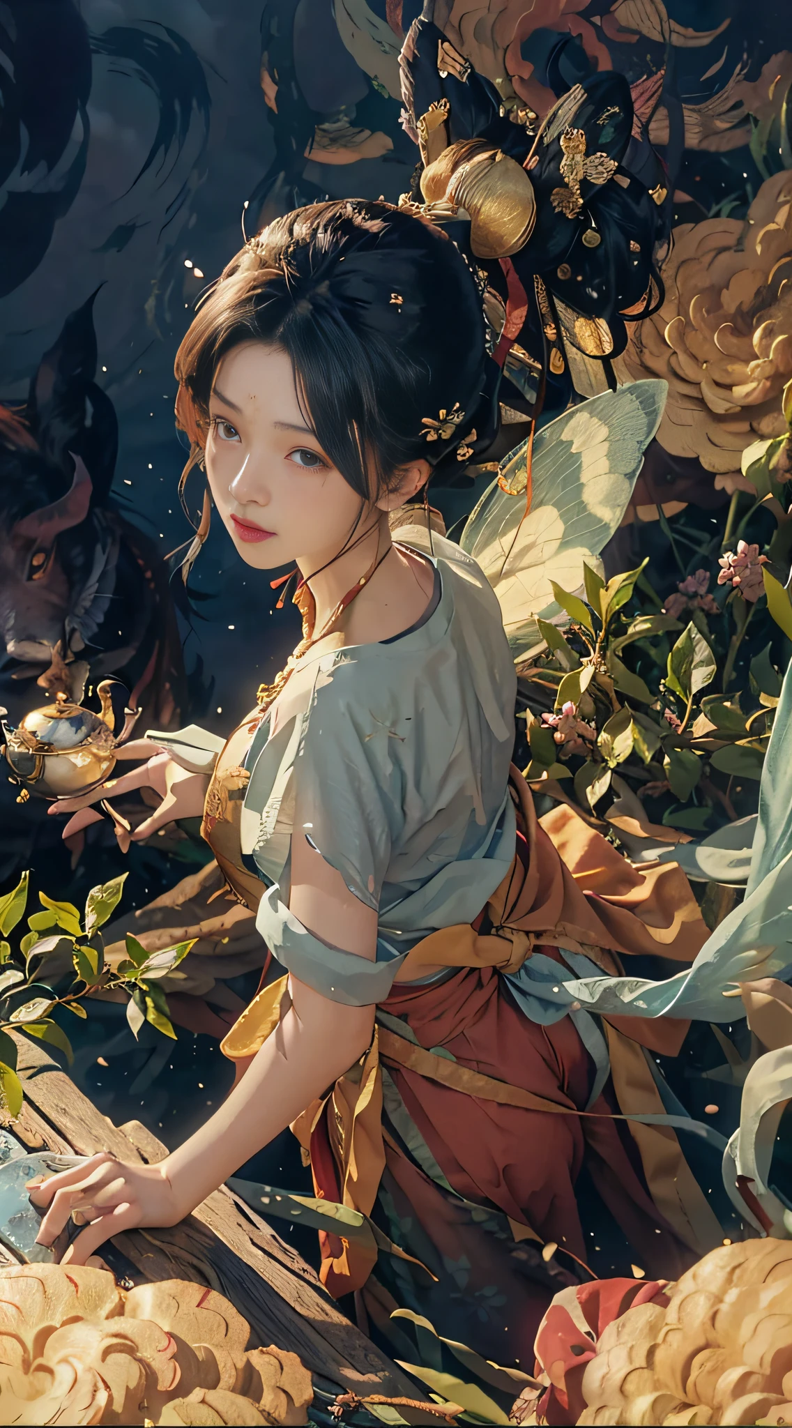 (from above), (tea picker), big clouds, blue sky, rice fields, buttocks: 1.2, fairy fluttering,