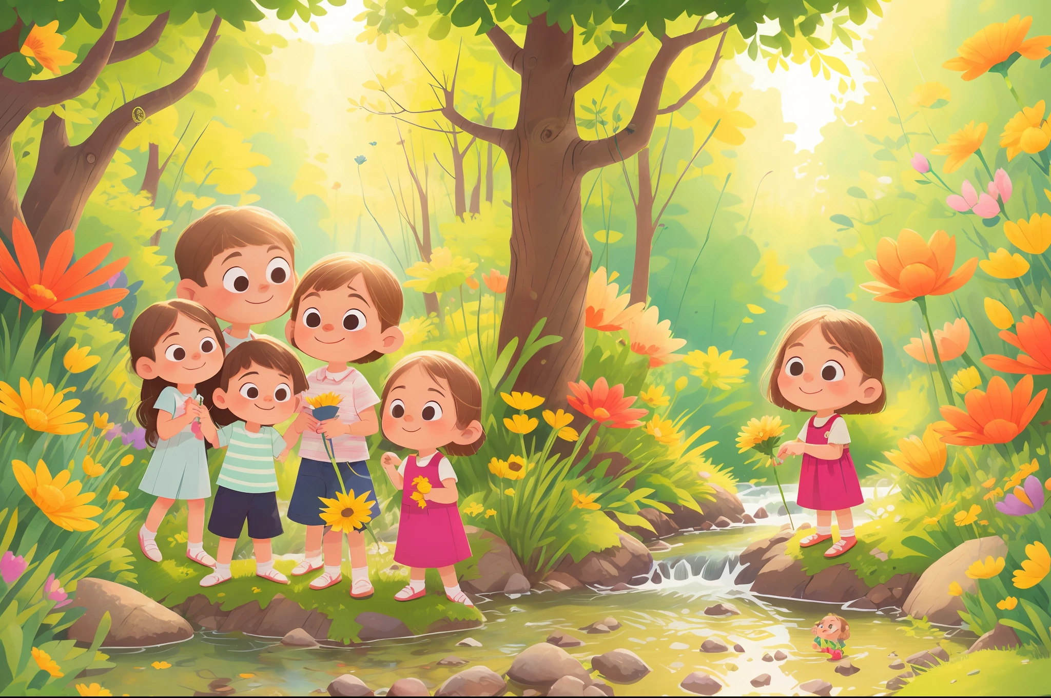 Closeup, family portrait, little blonde girl, picking flowers, background by a stream