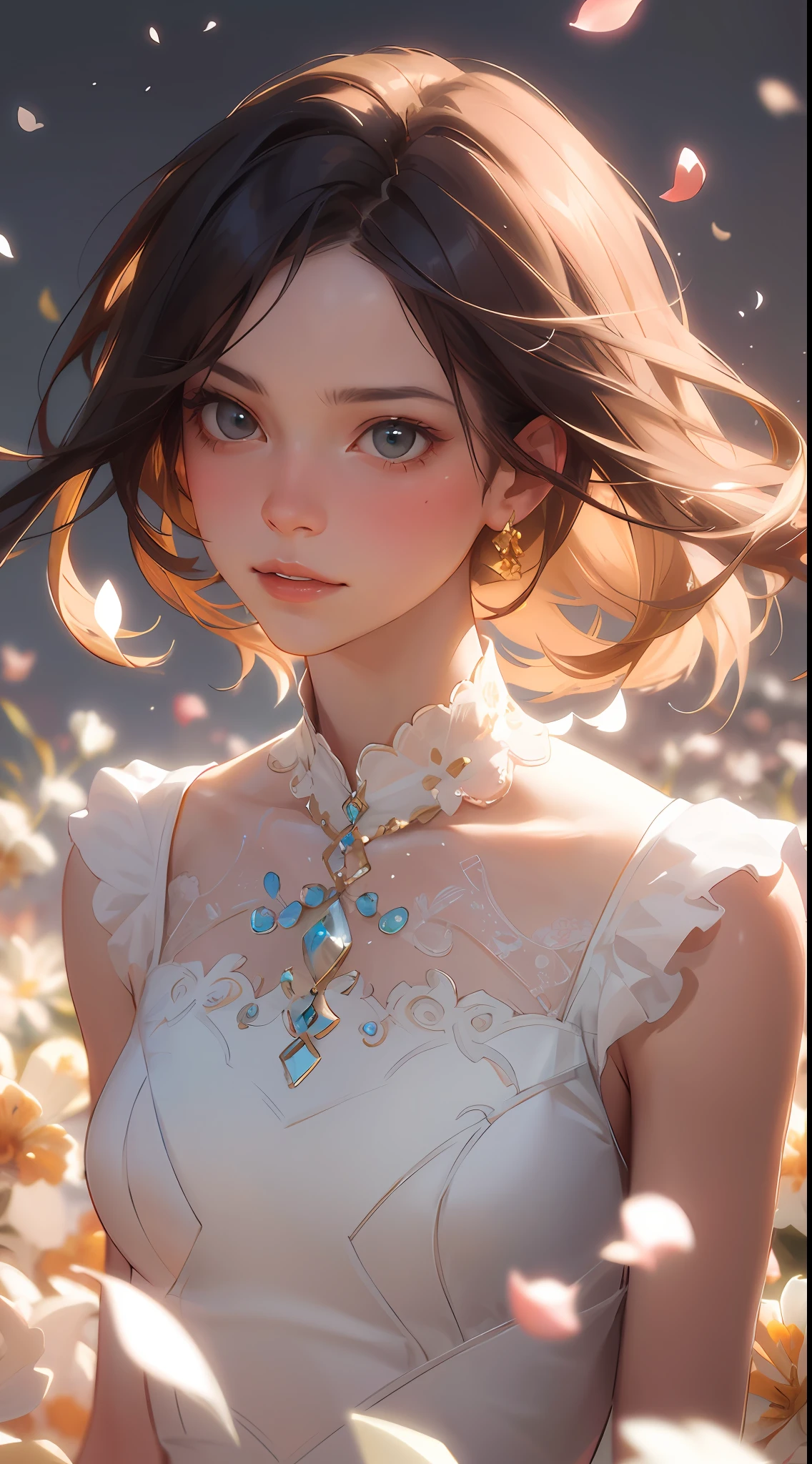 (best quality, masterpiece, ultra-realistic), 1 beautiful and delicate portrait of a girl, playful and cute, with floating petals in the background