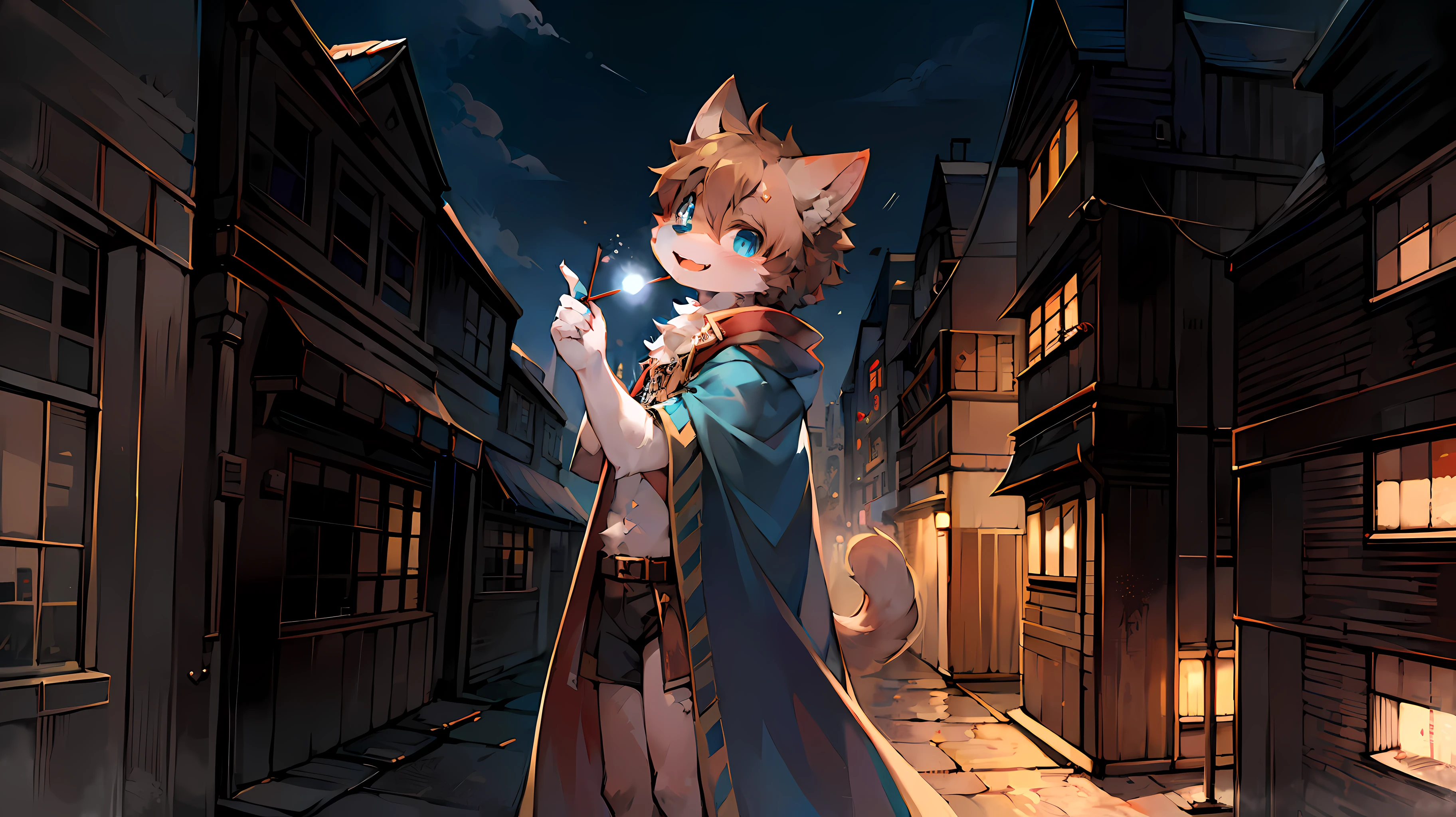 (Dark Environment: 0.8), Masterpiece, High Quality, Abstract Res, Digital Painting\(artwork\), by Dagasi, Yupa, Kiyosan, (Anthro, Fluffy Fur, Character Focus: 1.1), Anthro Male Cat, Short Hair, Portrait,bright eyes, panorama, character focus. (Background: 0.7), Solo, Furry, Furry Male, Back, Male Focus, Anthr, (Full Body Fur, Fluffy Tail, White Fur, Blue Eyes, Brown Hair: 1.1), (Canine, Upright, Cheerful, Magician, Cloak: 1.2), (Exterior, Daytime, Building: 1.5)