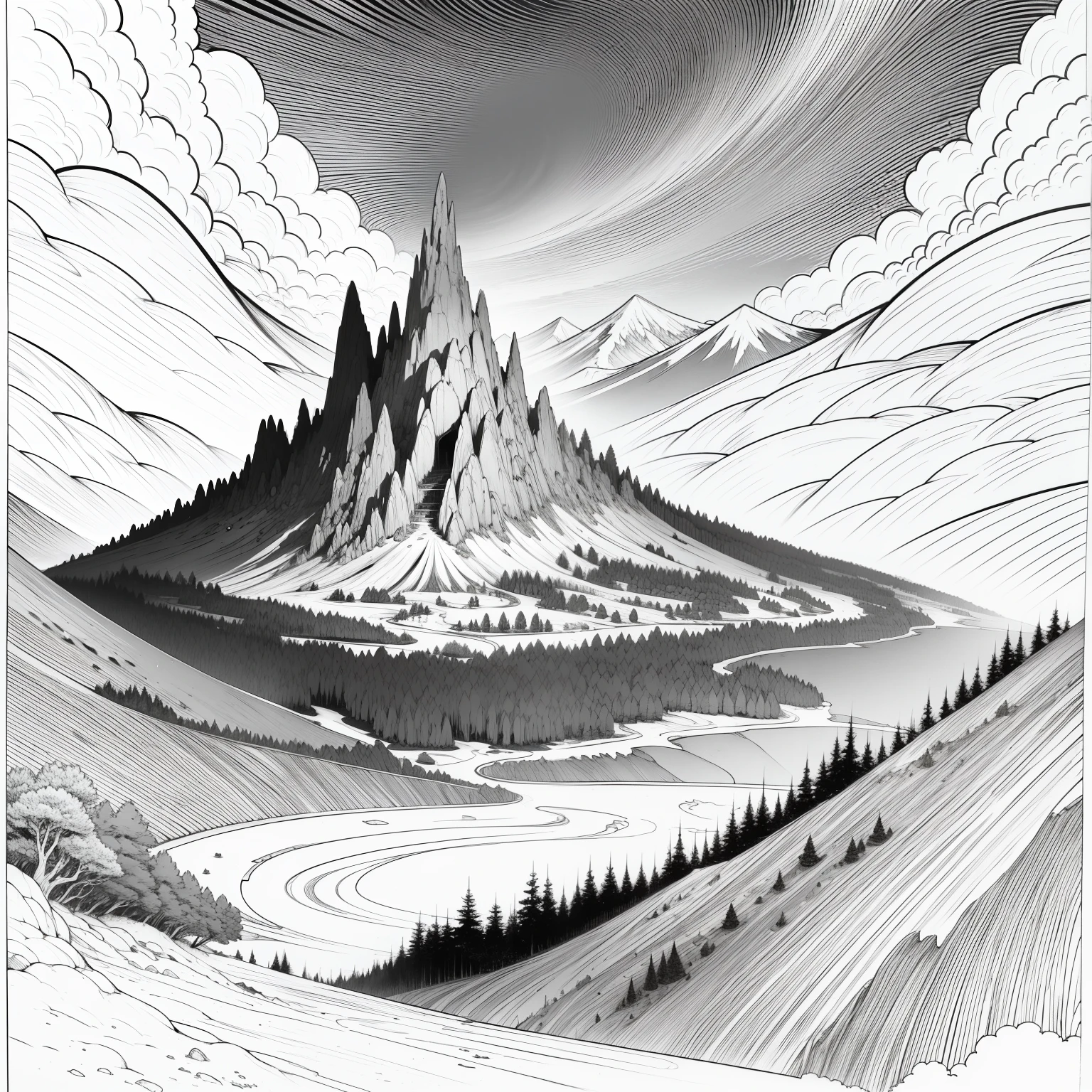 giant island floating in the middle of the sky,on top of this island has a large forest and two mountains,manga style scenery,trace of Murata Yusuke,black and white,lineart,manga panel