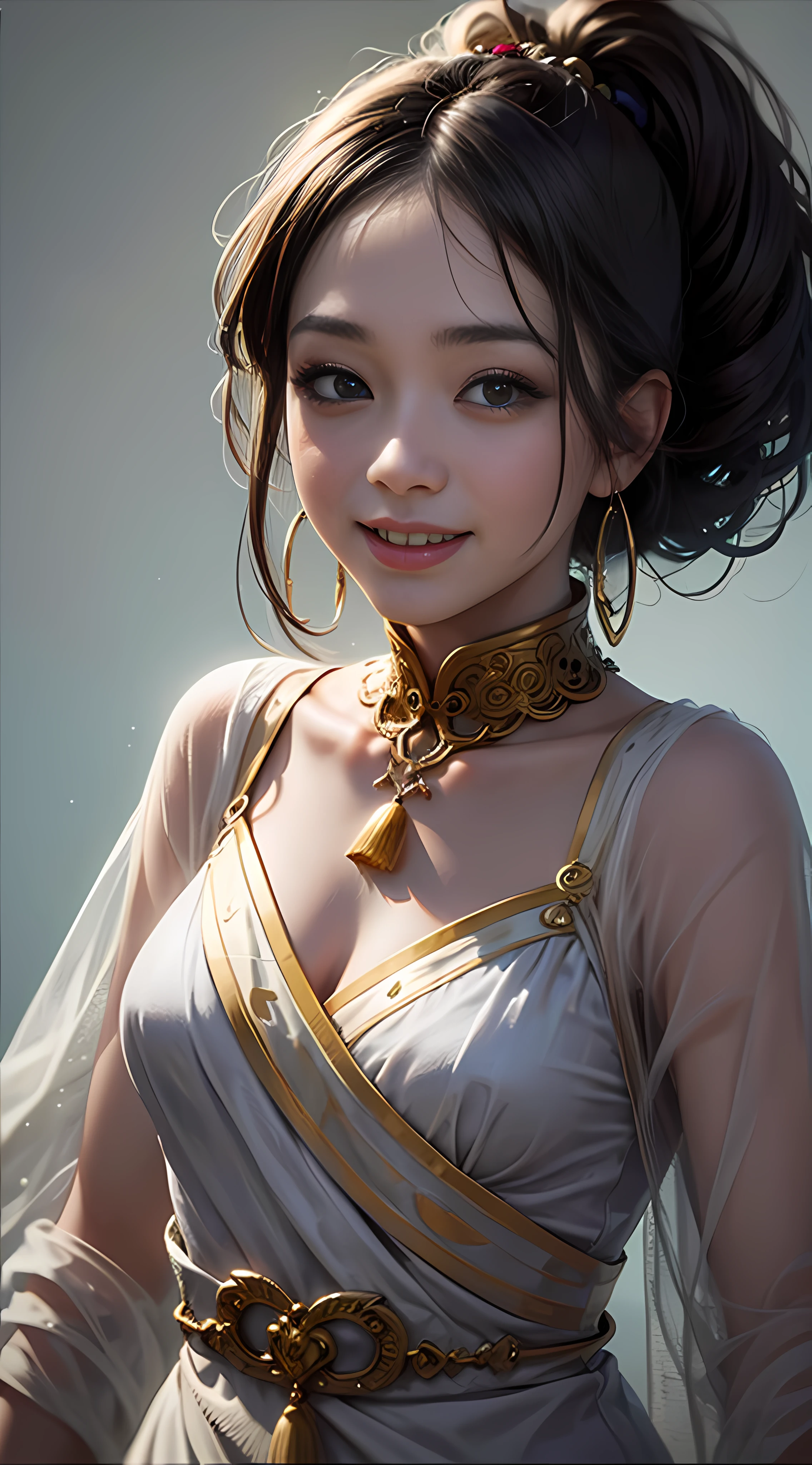 Super high quality, 8K, upper body, don't leak fingers, 1 girl, smile, solo, white and tender skin, ethnic minority clothing, village, vista