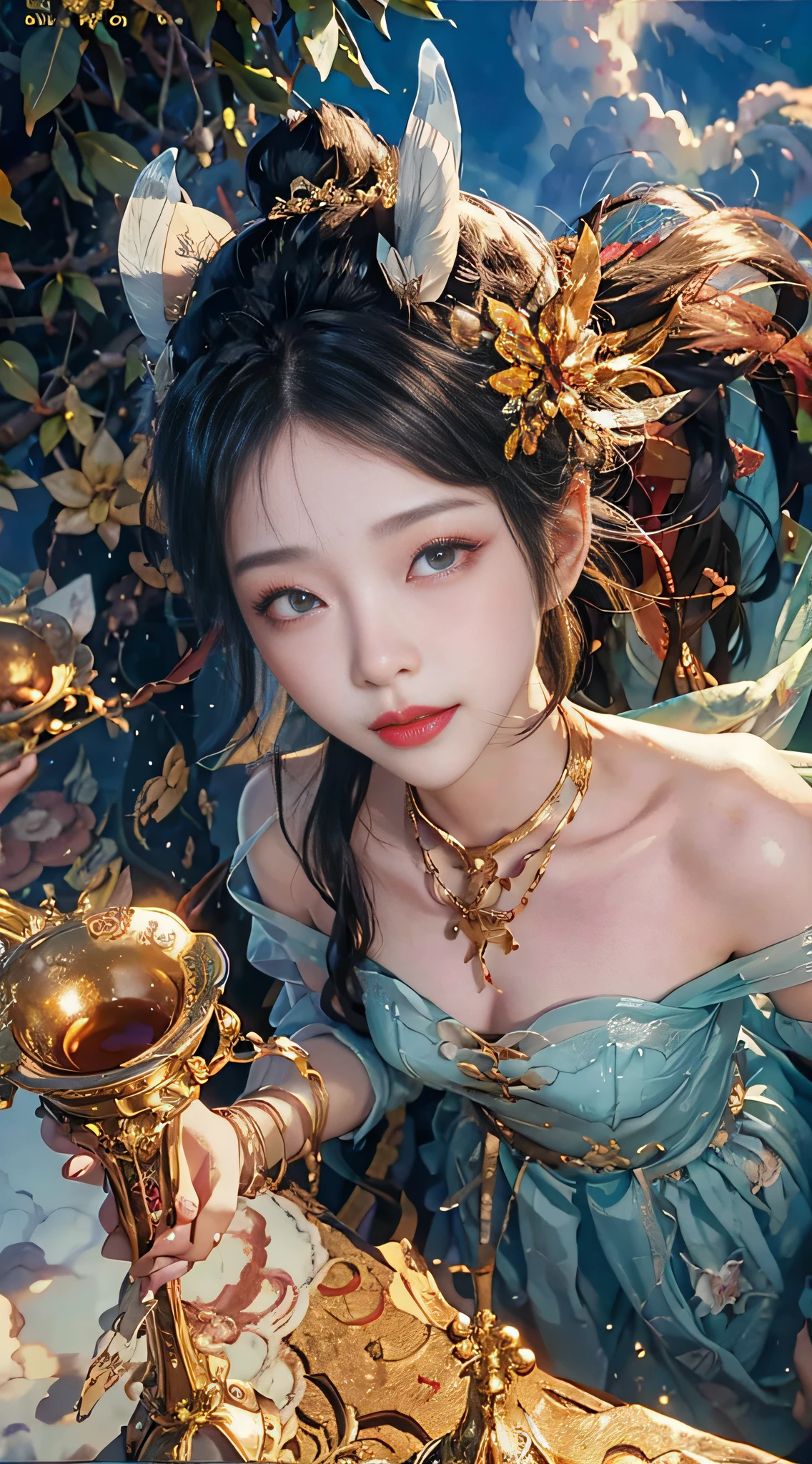 (from above) tea picker, big clouds, blue sky, rice fields, fairy air fluttering, ((double eyelids)), ((whitening skin)), ((magazine cover)),