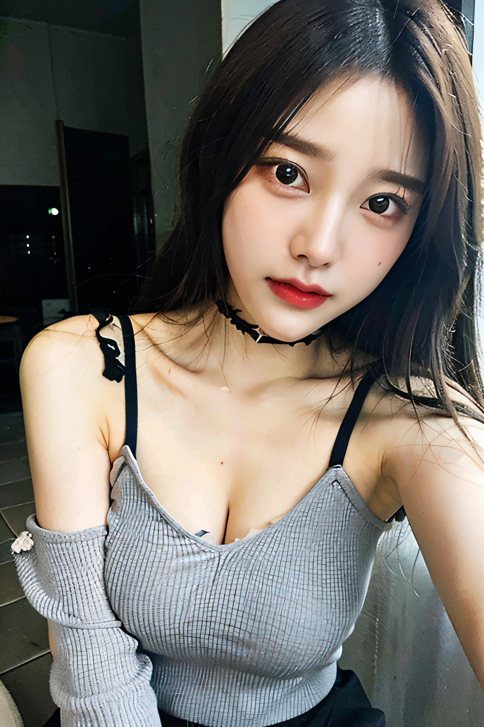 best quality, ultra high res, (((Very detailed face)))), ((Very detailed eyes and face)))), Beautiful detail eyes, (photorealistic:1.4), 1girl, off-shoulder white shirt, black tight skirt, black choker, (faded ash gray hair:1), (huge breasts:1.4), looking at viewer, closeup ,