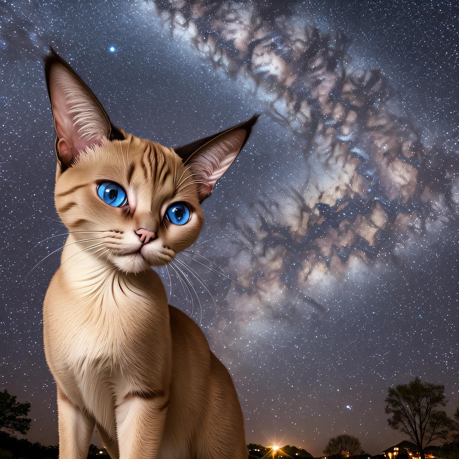 Yellow cat driving a convertible car on the moon showing the dark, starry sky of space