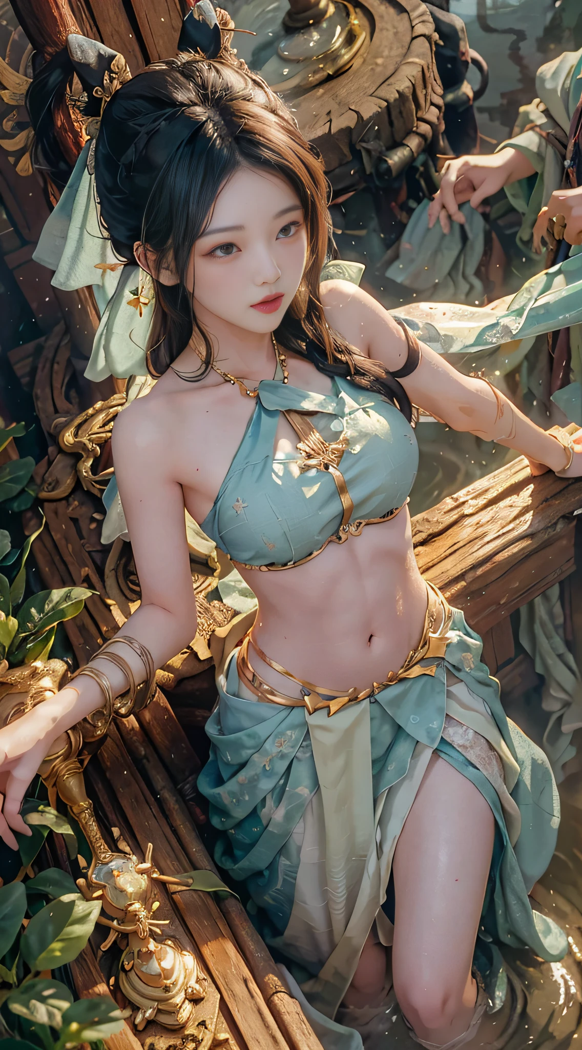 (from above) tea picker, big clouds, blue sky, rice fields, fairy fluttering, ((bathing)), ((????: 1.2)),