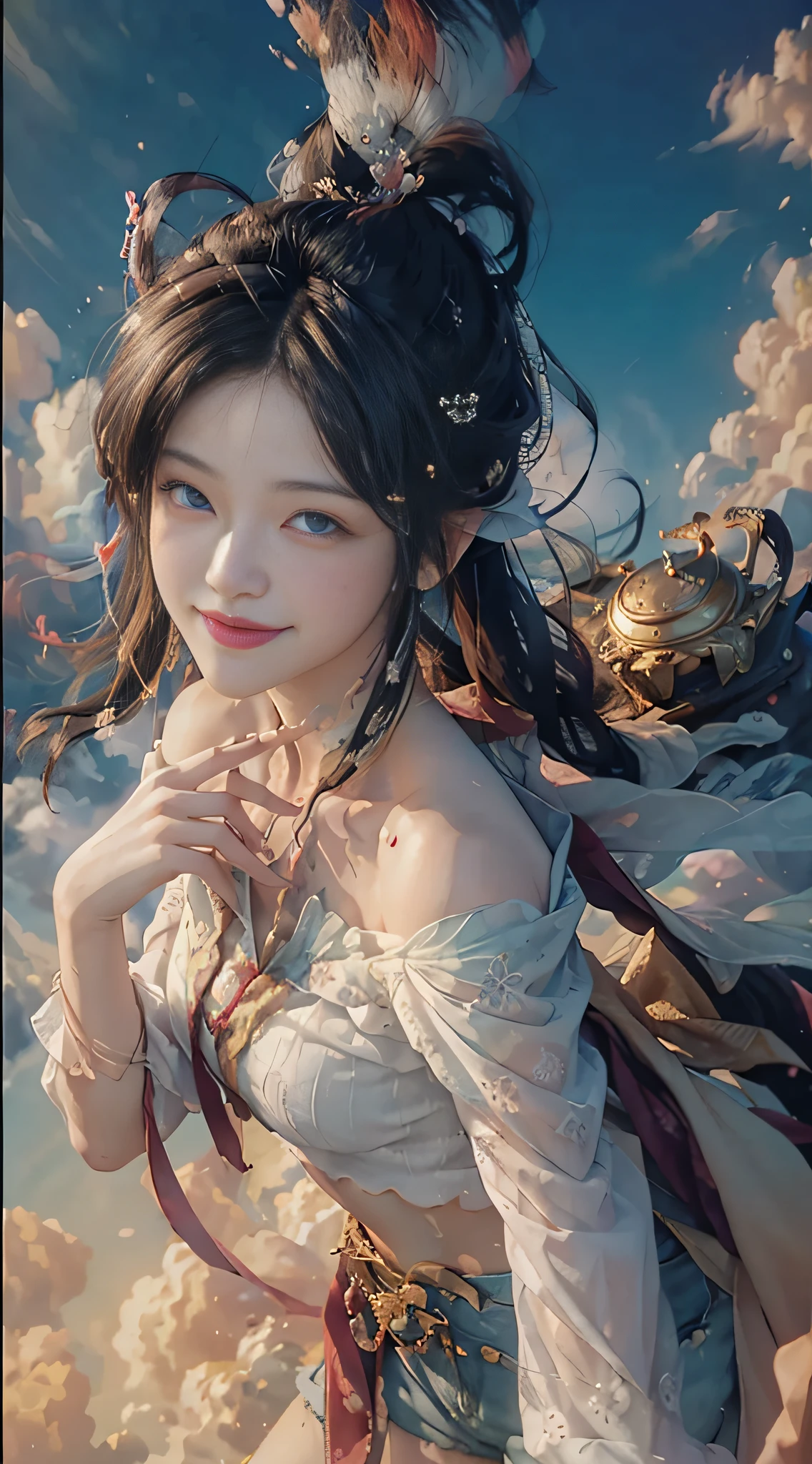 , ((off-the-shoulder)), (seductive)), (charming), (beautiful detailed face))), ((messy hair)), ((smile)), ((gradient eyes)), ((white cloud background)), ((chest shrinkage)), ((shorts)), (from above) tea picker, big clouds, blue sky, rice fields, fairy air fluttering