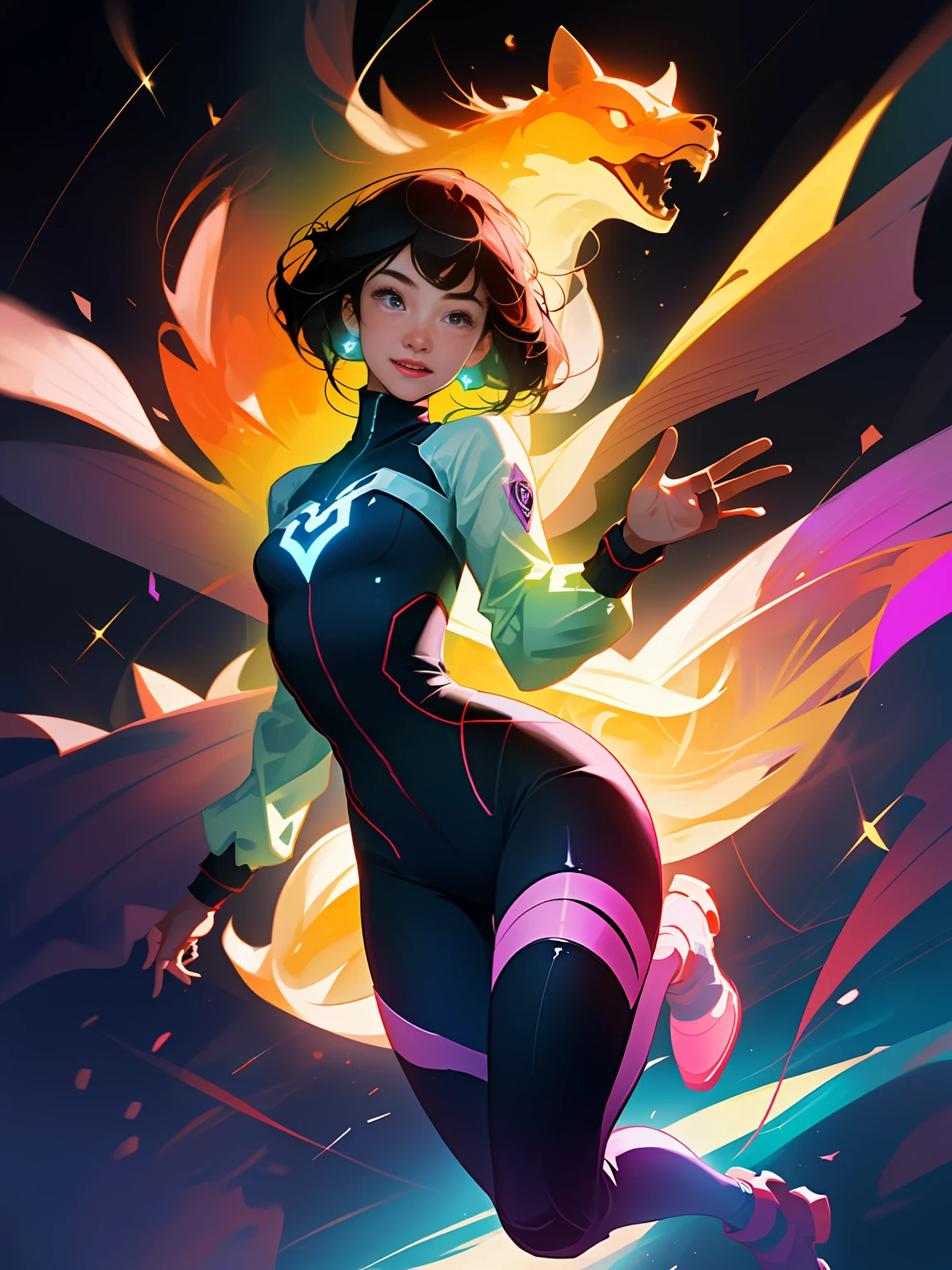 Ultra detail high quality 1girl hero girl body glowing in neon color. Just by jumping in semi-gravity, it will fly softly in the air. smile dynamic pose female focus