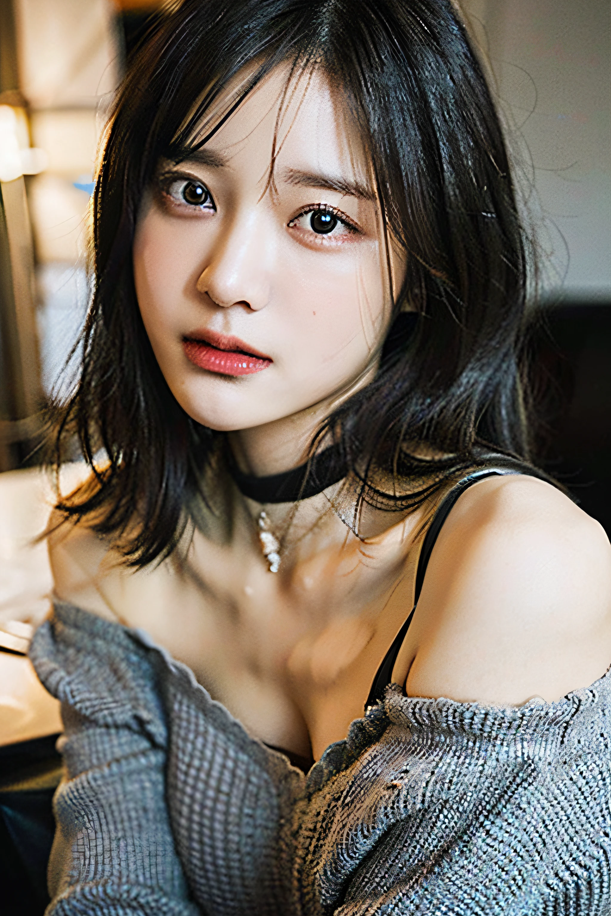 best quality, ultra high res, (((Very detailed face)))), ((Very detailed eyes and face)))), Beautiful detail eyes, (photorealistic:1.4), 1girl, off-shoulder white shirt, black tight skirt, black choker, (faded ash gray hair:1), (huge breasts:1.4), looking at viewer, closeup ,