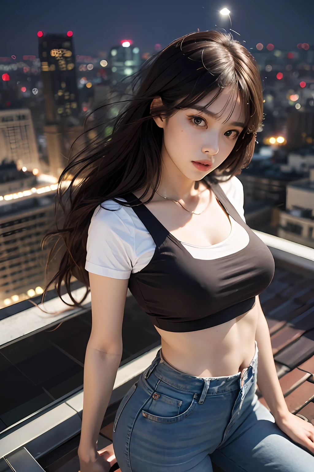 ((Midnight, Best quality, 8k, Masterpiece :1.3)), Whole body, Long legs, Sharp focus :1.2, A pretty woman with perfect figure :1.4, Slender abs :1.1, ((Dark brown hair, Big breasts :1.2)), (White tight tshirt, Jean bib, Standing:1.2), ((Night city view, Rooftop:1.3)), Highly detailed face and skin texture, Detailed eyes, Double eyelid