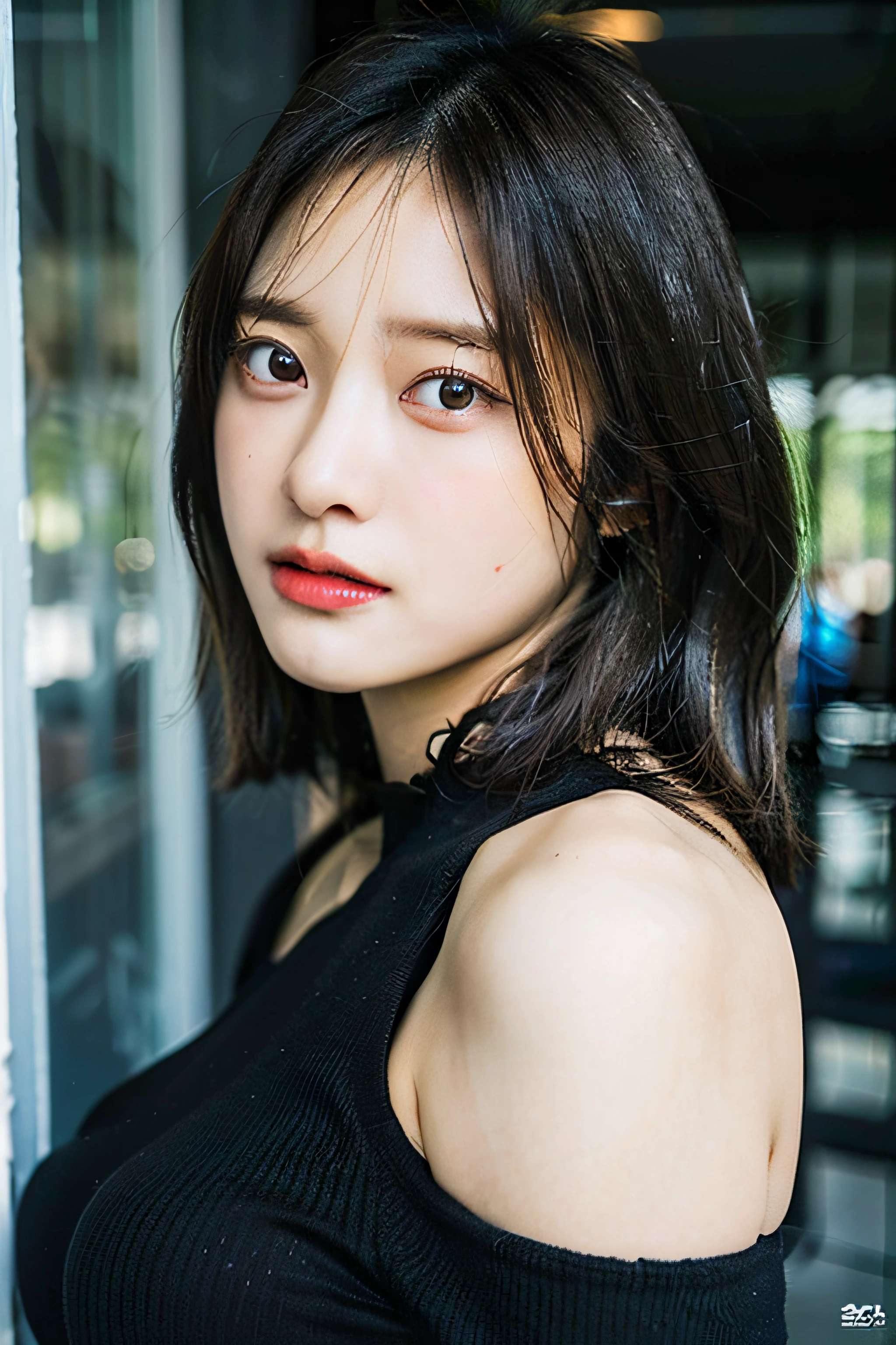 best quality, ultra high res, (((Very detailed face)))), ((Very detailed eyes and face)))), Beautiful detail eyes, (photorealistic:1.4), 1girl, off-shoulder white shirt, black tight skirt, black choker, (faded ash gray hair:1), (huge breasts:1.4), looking at viewer, closeup ,