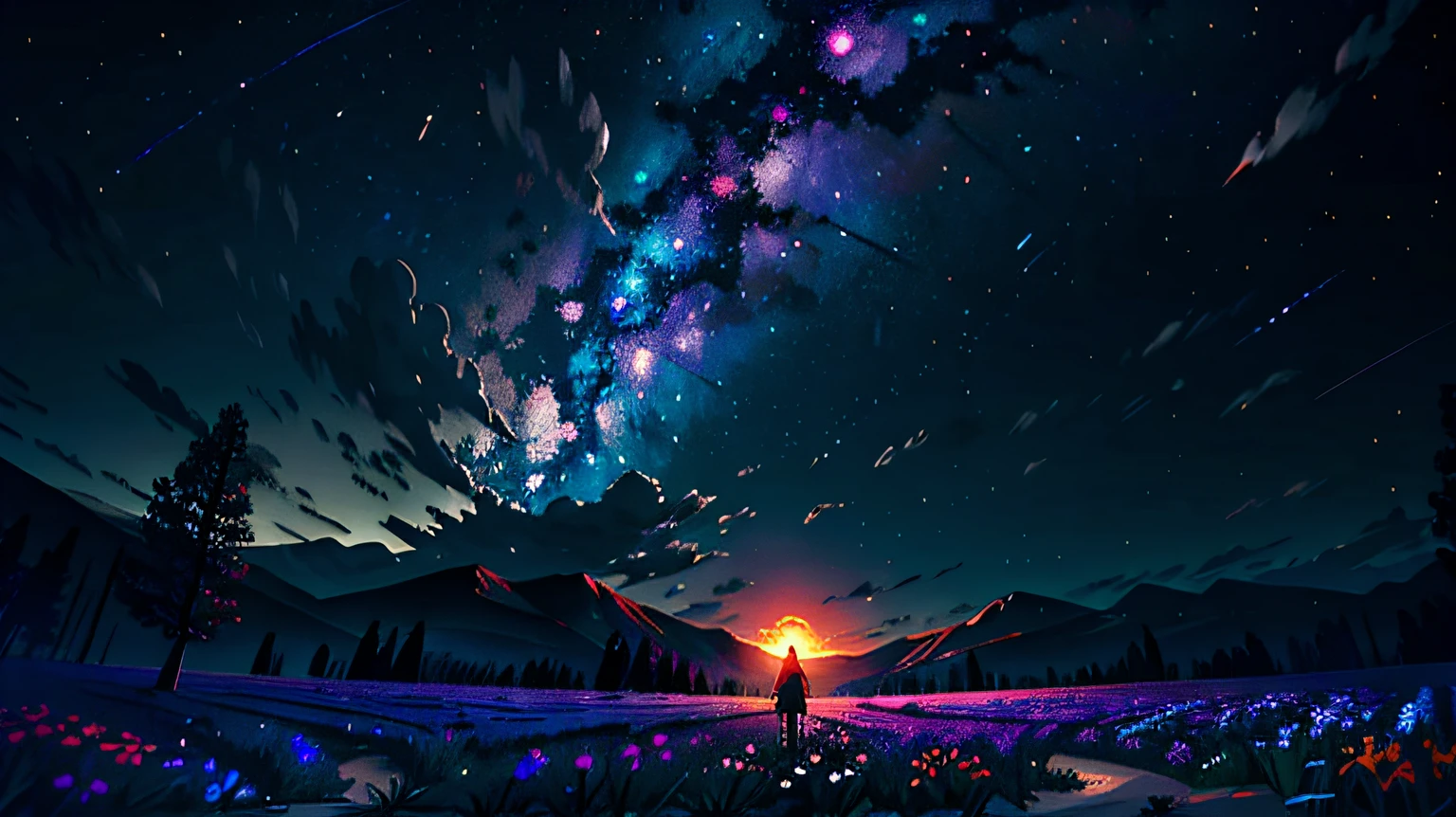 a woman standing on a boat looking at a galaxy,your name movie style --auto