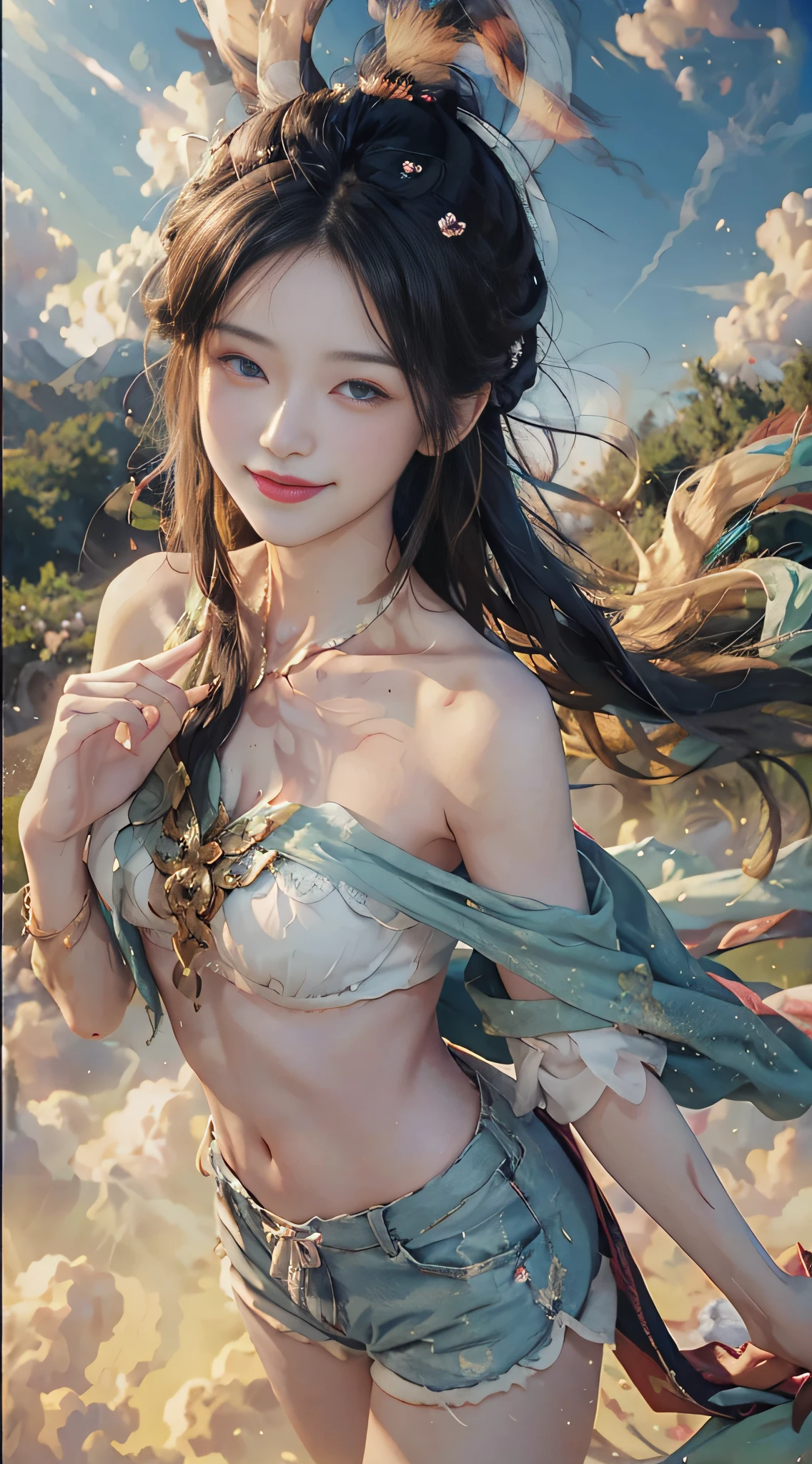 (from above) tea picker, big clouds, blue sky, rice fields, fairy air fluttering, in the tea tree field, ((bare shoulders)), ((seductive)), ((charming)), (beautiful detailed face))), ((messy hair)), ((smile)), ((gradient eyes)), ((white cloud background)), ((chest reduction)), ((shorts)),