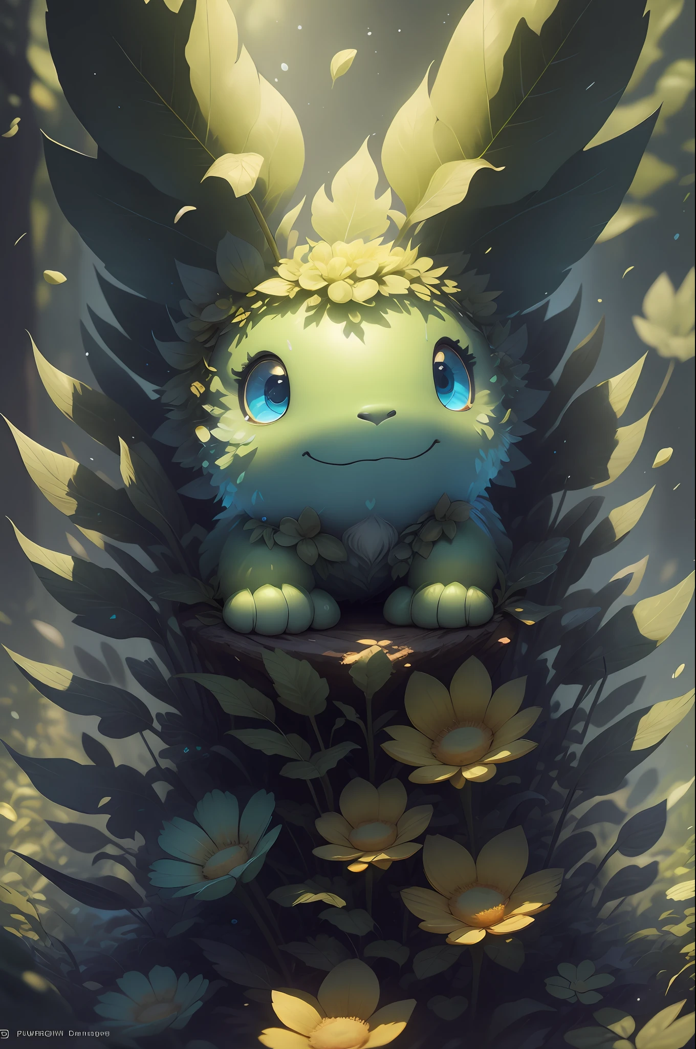 grainy, extremely detailed, intricate detail, dynamic lighting,photorealistic, filmg , natural lighting,   m0nst3rfy3, white lion cub, red glowing eyes, :P, (fluffy:1.2), glowing flowers, dark forest,