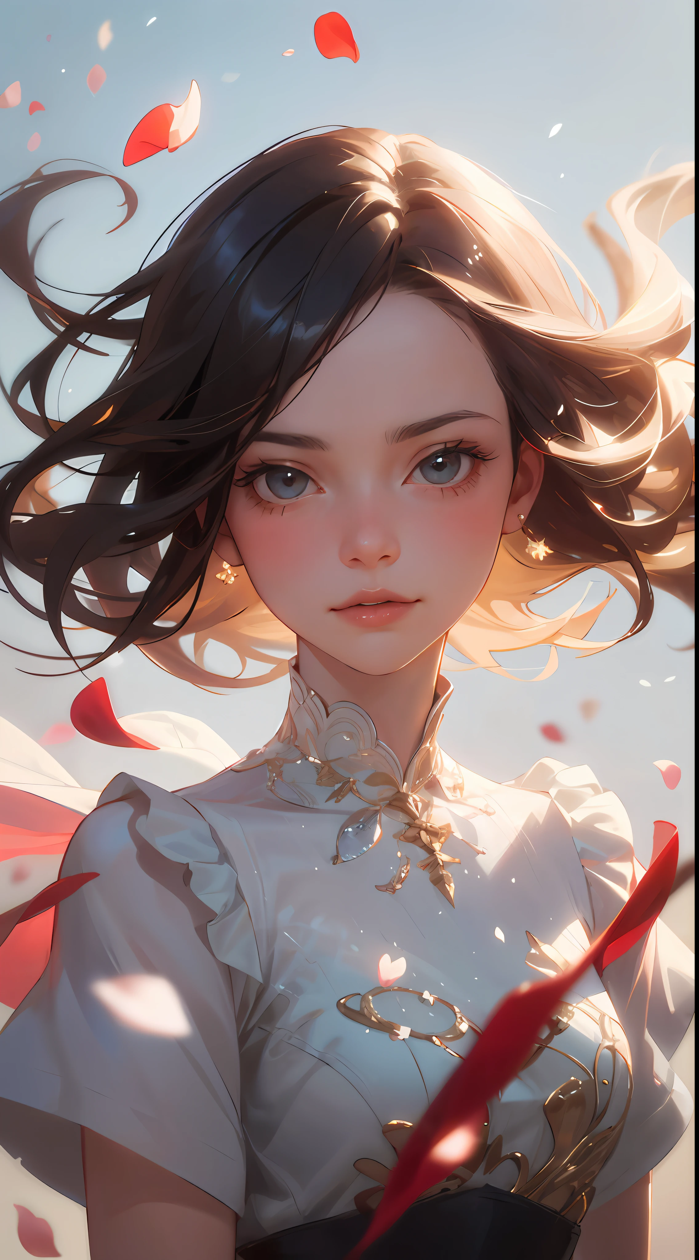 (best quality, masterpiece, ultra-realistic), 1 beautiful and delicate portrait of a girl, playful and cute, with floating petals in the background