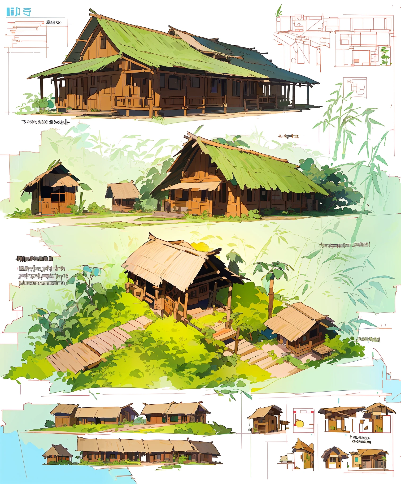 a schematic diagram of a house with a lot of different types of trees, permaculture, an illustration of, longhouse, jungle setting, illustration”, farm, ecovillage, diagram, cut-away, organic buildings, an illustration, detailed illustration, drawn image, historical image, by Willard Mullin, bamboo huts, kerala village, ( ( illustration