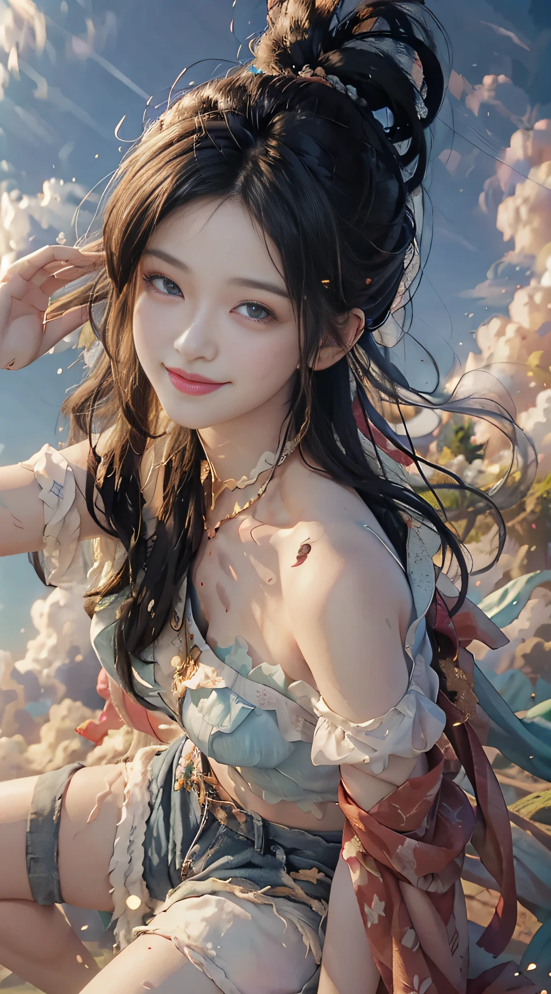 (from above) tea picker, big clouds, blue sky, rice fields, fairy air fluttering, in the tea tree field, ((bare shoulders)), ((seductive)), ((charming)), (beautiful detailed face))), ((messy hair)), ((smile)), ((gradient eyes)), ((white cloud background)), ((chest reduction)), ((shorts)),