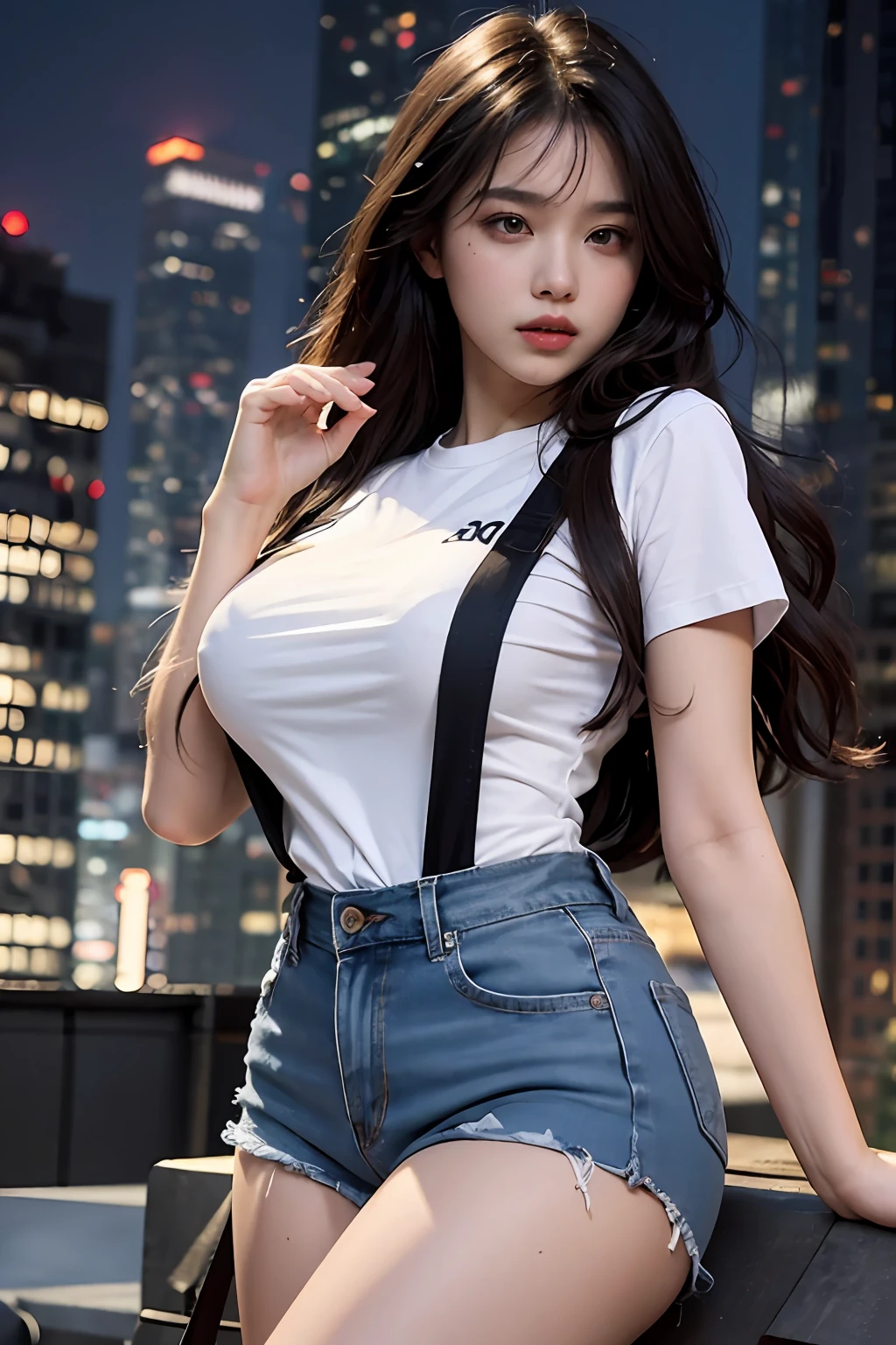 ((Midnight, Best quality, 8k, Masterpiece :1.3)), Whole body, Long legs, Sharp focus :1.2, A pretty woman with perfect figure :1.4, Slender abs :1.1, ((Dark brown hair, Big breasts :1.2)), (White tight tshirt, Jean bib, Standing:1.2), ((Night city view, Rooftop:1.3)), Highly detailed face and skin texture, Detailed eyes, Double eyelid