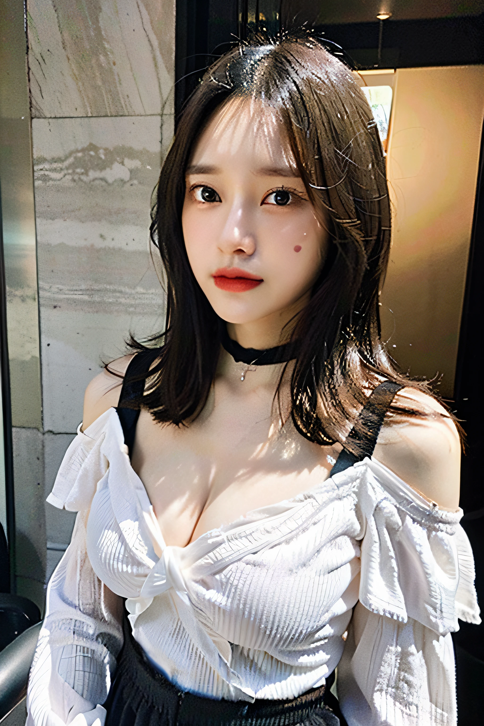 best quality, ultra high res, (((Very detailed face)))), ((Very detailed eyes and face)))), Beautiful detail eyes, (photorealistic:1.4), 1girl, off-shoulder white shirt, black tight skirt, black choker, (faded ash gray hair:1), (huge breasts:1.4), looking at viewer, closeup ,