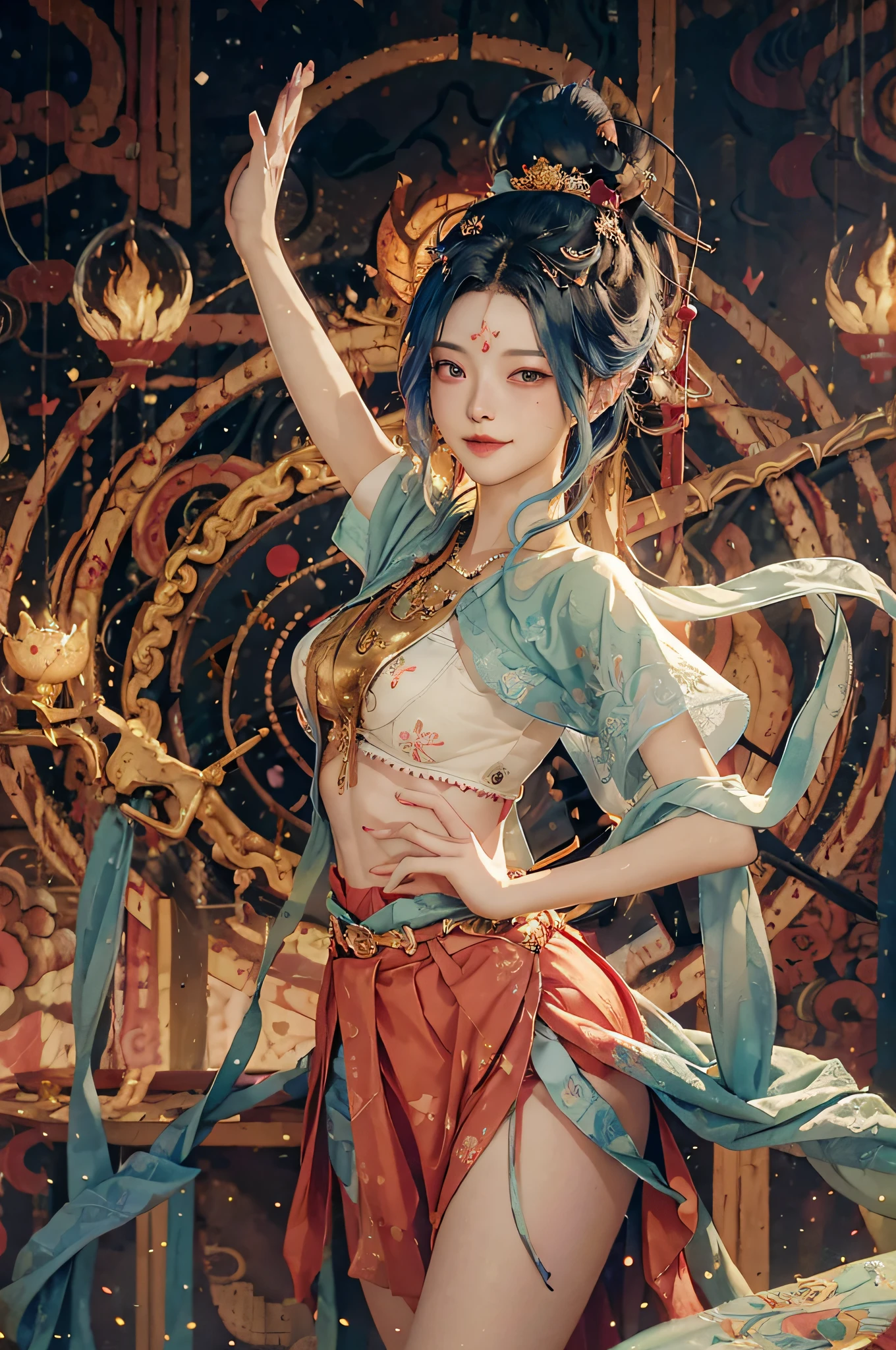 (RAW photo, best quality), (realistic, photo-realistic:1.3), best quality, highly detailed, masterpiece, ultra-detailed, illustration, 1girl, upper_body, dynamic angle, world mastery theater, messy_long_hair,best quality, extremely detailed CG unity 8k壁纸,墨水,惊人,电影灯光,lens_flare,dunhuang_style (spread machine shot on back)(holding a Umbrella Detail patterned with trim around Umbrella)(fluorescent clothing)( Dharma Wheel back:1.2),(right index finger close to lips:0.6)(hands behind head:0.1)(squat on the ground with legs spread:0.1),, eye wink (Detailed rich feathered belt)(star mark on face: 1.5) (perfect face:0.7) (((1 girl:0.5))(two girl:0.8)photorealistic ((back wrap skirt))(white and color hair:1.2) ,angel ring on head , sakura skirt,, (petal fly:1.1) angel ring on head , silk scarf wrapping fly ((show lace panties: 0.1)), big eyes, (Busty boobs:0.8) (perfact Busty boobs : 0.5), shadow on body,lifted up , (moon in the background), sky charizard fire, ((look at top)), smiling, (two color hair mix), (dancing), active, best anatomy: 1.6, Unreal Engine 5, best quality, very detailed, detailed background, , Best Anatomy, Illustration, Ultra HD, RAW, (PureErosskin_V1:0.0), (ulzzang-6500-v1.1:0.0), , Wildcard Prompt: (((Masterpiece))), (((Best Quality ))), ((super detailed)), illustration, (detailed light), cinematic light, cute girl, flying hair, playful smile, light hair, pastel painting, art nouveau, In Full Growth, Cinematic Light, Ultra Detailed, Detailed Face, Realistic Face, Detailed Eyes, Realistic Eyes, Sweet Lips, Bright Smile, ((Flying Hair: 1.1, Sharp focus, handsome, long-legged, thin, professional lighting, rendered eyes, hair accessories, (Asian Idol), architecture, birds and butterflies and bubbles in the air, lower boobs, navel, celestial body, in road side, nice Idol, ((( Above the waist))), , (((perfect face:0.5))), 18y, magic castle, spaceship, (((masterpiece))), (((best quality))), perfect Eye,