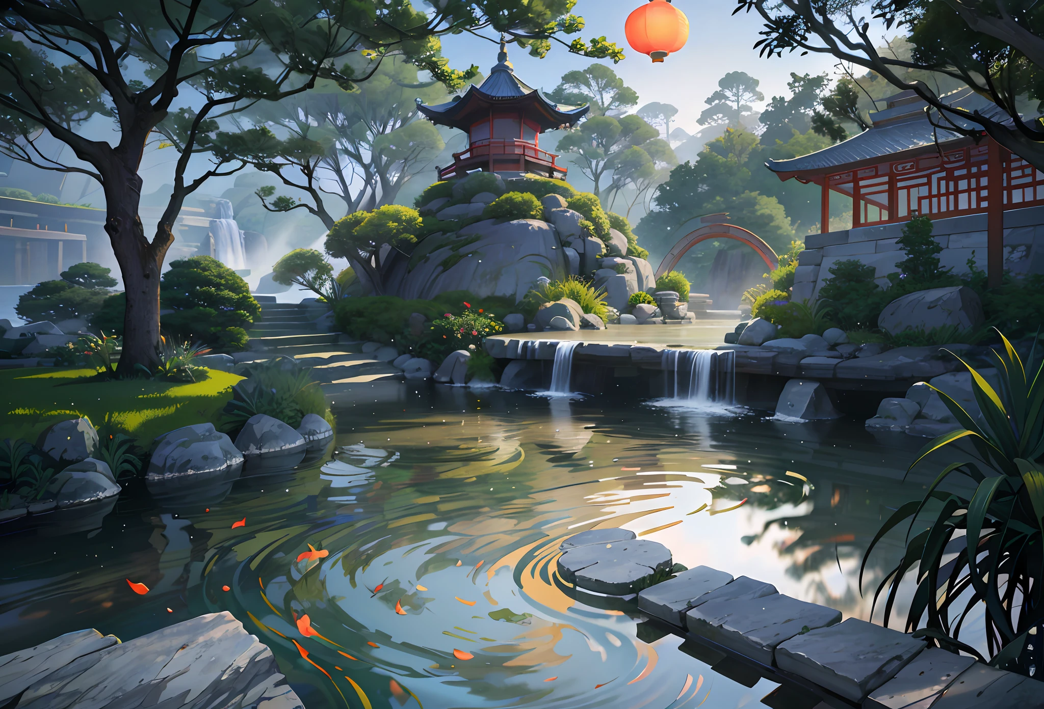 Ancient Chinese architecture, cool colors, dark night, moon, garden, bamboo, lake, stone bridge, rockery, arch, corner, tree, running water, landscape, outdoor, waterfall, grass, rock, dense fog, (Illustration: 1.0) , Epic Composition, HD Details, Masterpiece, Best Quality, (Very Detailed CG Unity 8k Wallpapers)