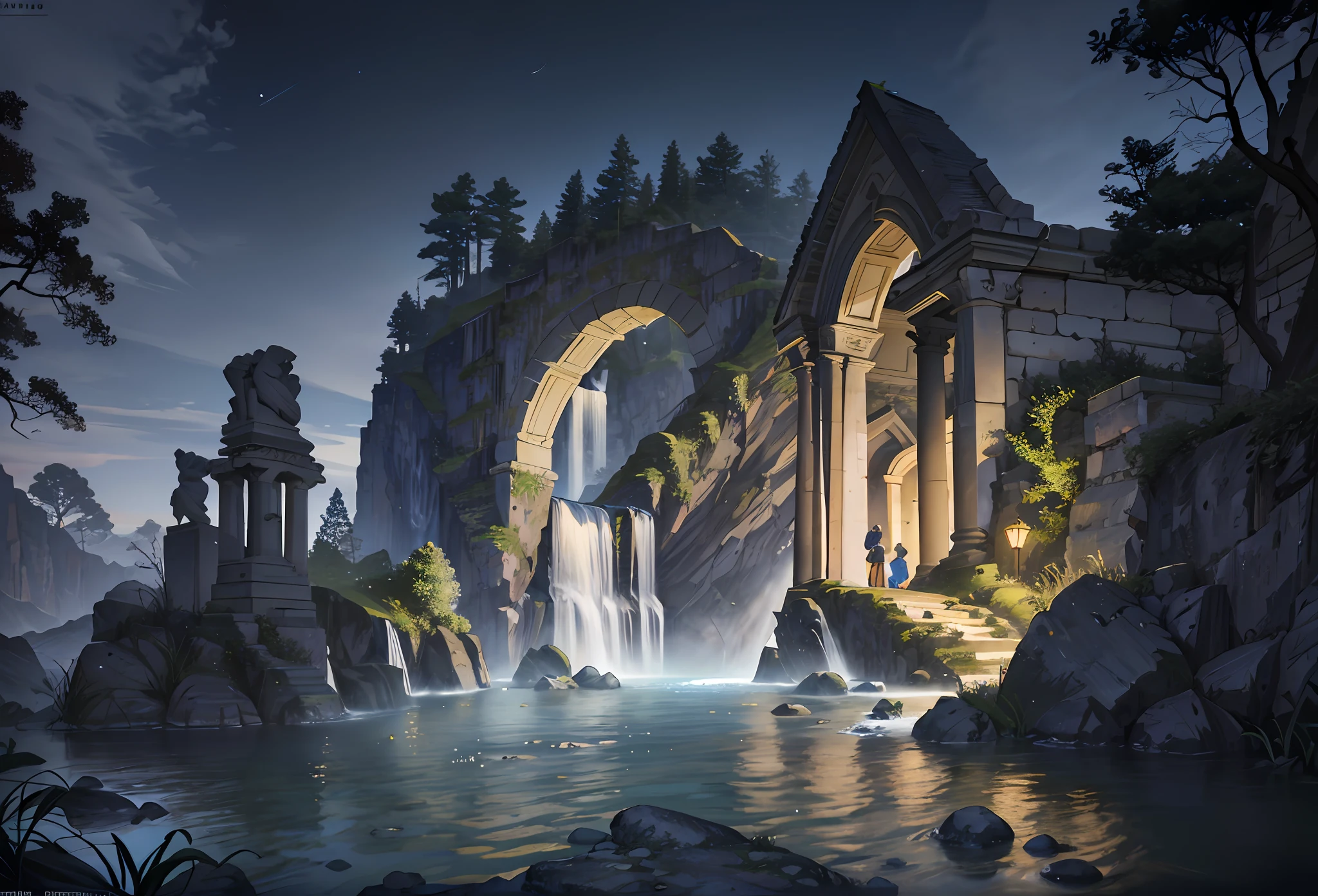 Ancient Roman architecture, cool colors, dark night, moon, garden, trees, lake, stone bridge, rockery, arch, corner, tree, running water, landscape, outdoor, waterfall, grass, rock, dense fog, (Illustration: 1.0) , Epic Composition, HD Details, Masterpiece, Best Quality, (Very Detailed CG Unity 8k Wallpapers)