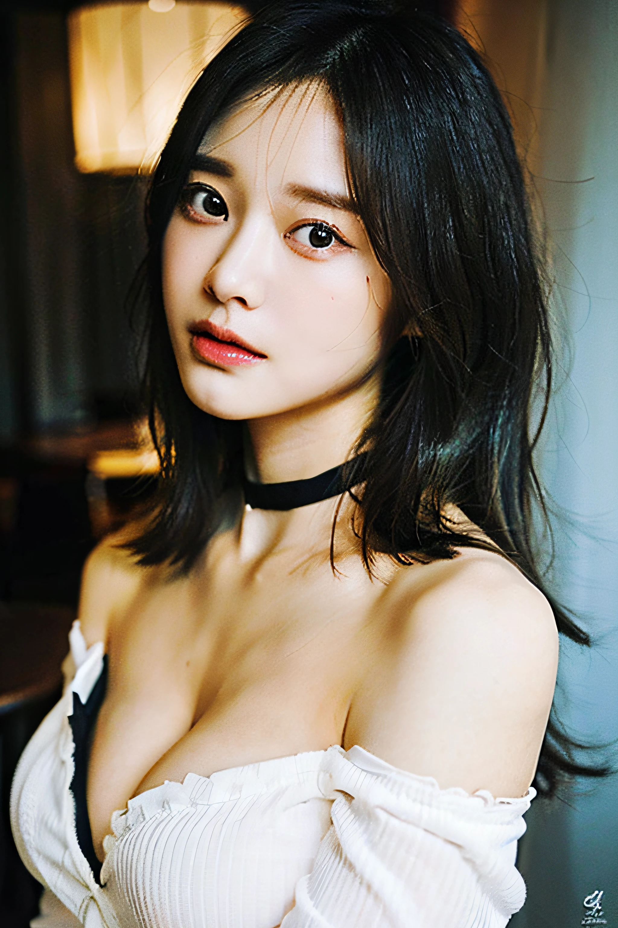 best quality, ultra high res, (((Very detailed face)))), ((Very detailed eyes and face)))), Beautiful detail eyes, (photorealistic:1.4), 1girl, off-shoulder white shirt, black tight skirt, black choker, (faded ash gray hair:1), (huge breasts:1.4), looking at viewer, closeup ,