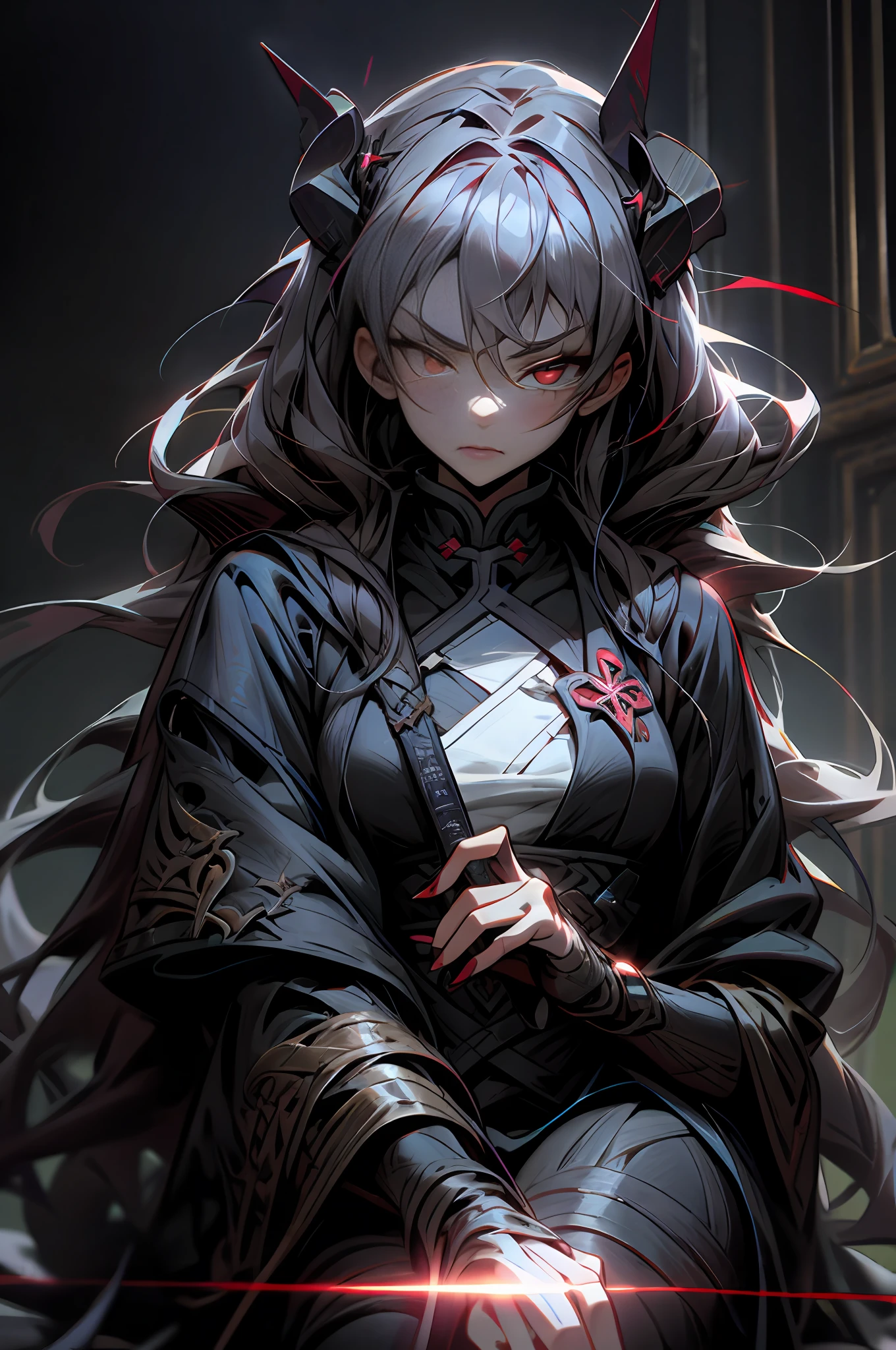 a girl with long hair and red eyes sitting in a dark room, with red glowing eyes, with glowing red eyes, demon slayer artstyle, yandere intricate, gapmoe yandere grimdark, with red eyes, demon anime girl, gothic maiden anime girl, with a red eyes, demon slayer rui fanart, dark art style, rin tohsaka