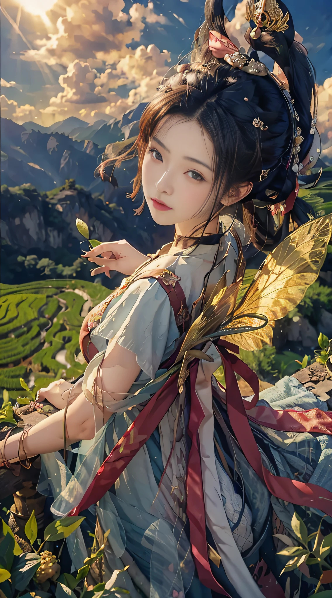 (From above) tea picking girl, big clouds, blue sky, rice fields, fairy air fluttering